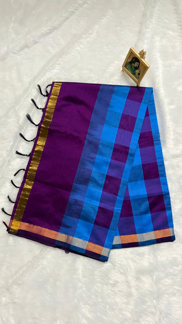 Paturu Pattu Saree - Blue and Purple — Blue Chanderi Cotton Silk saree