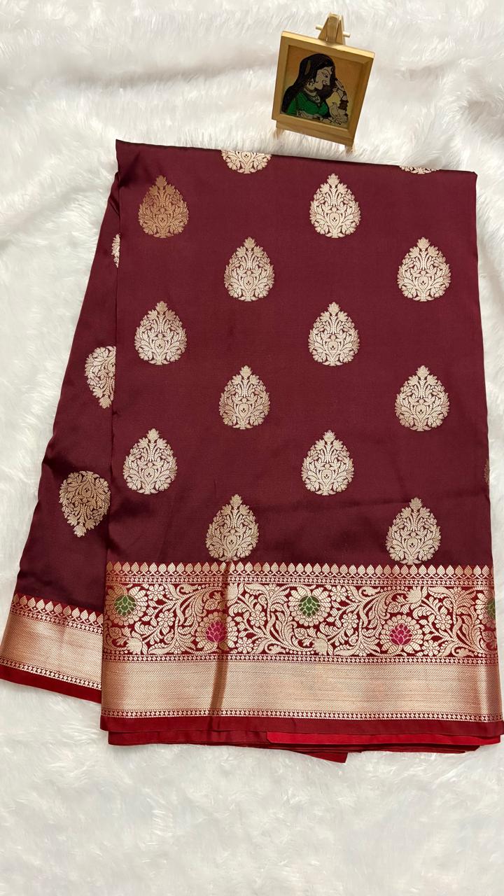 Semi Katan Silk Saree - Brown — Red/Maroon Banarasi Satin saree