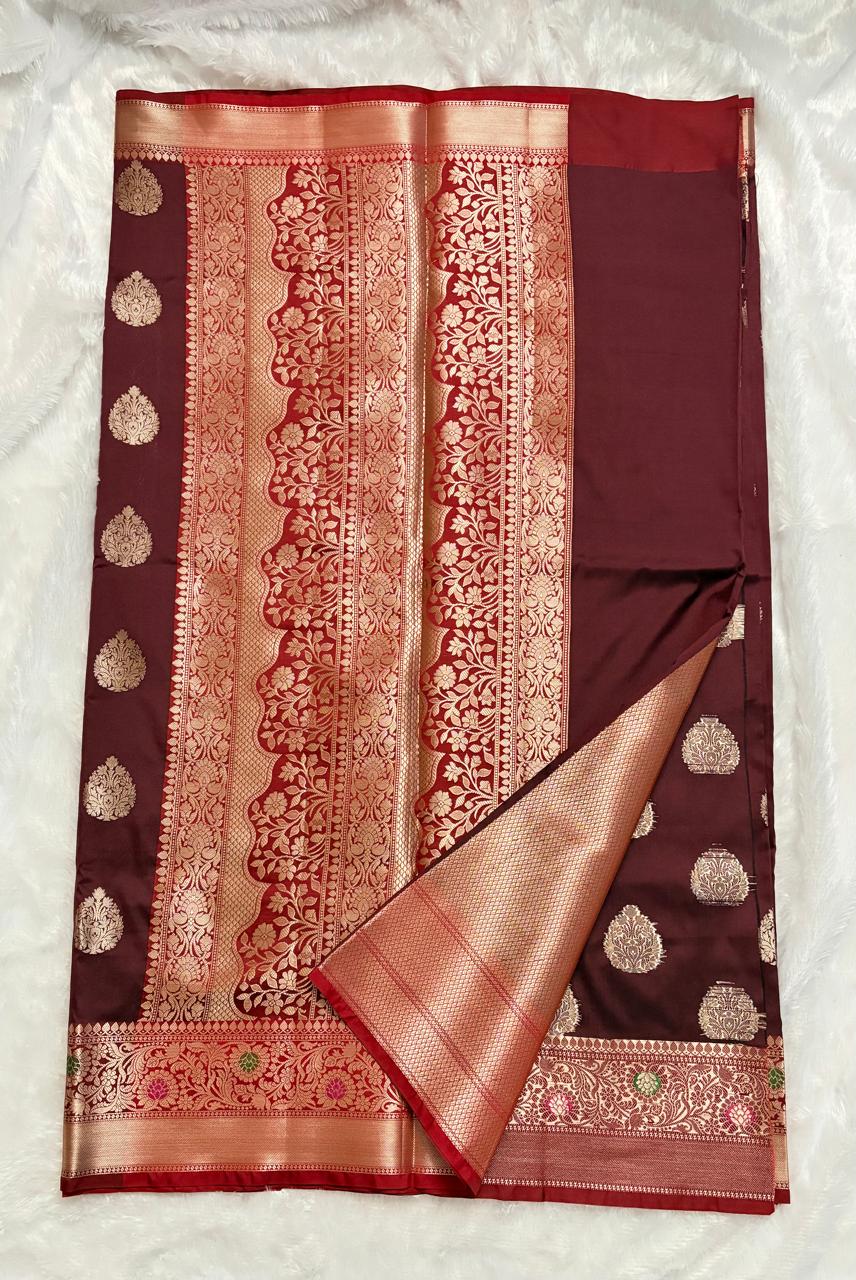 Semi Katan Silk Saree - Brown — Red/Maroon Banarasi Satin saree