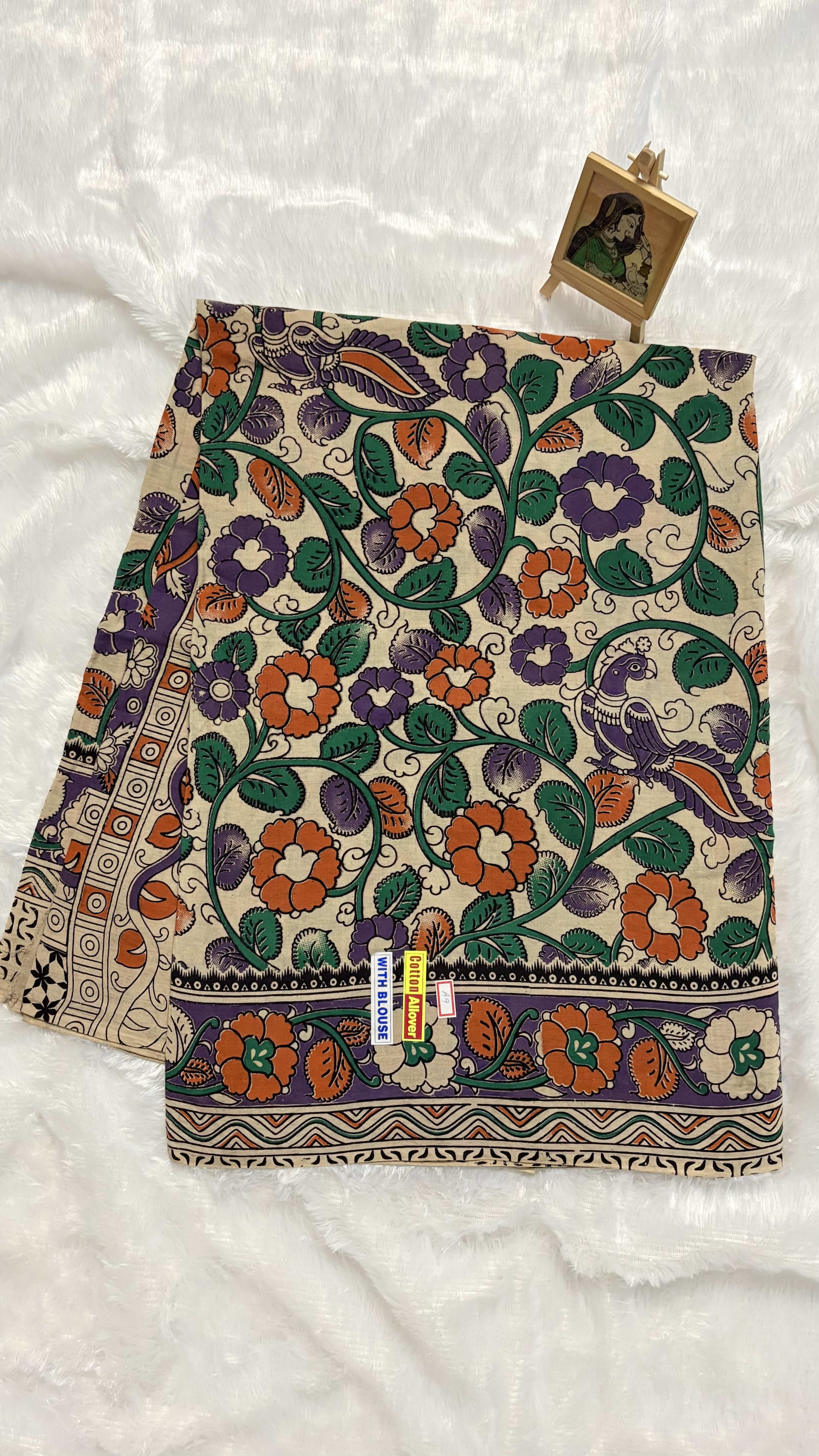 Pure Kalamkari Cotton Saree - White Floral — White/Cream Kalamkari Cotton saree