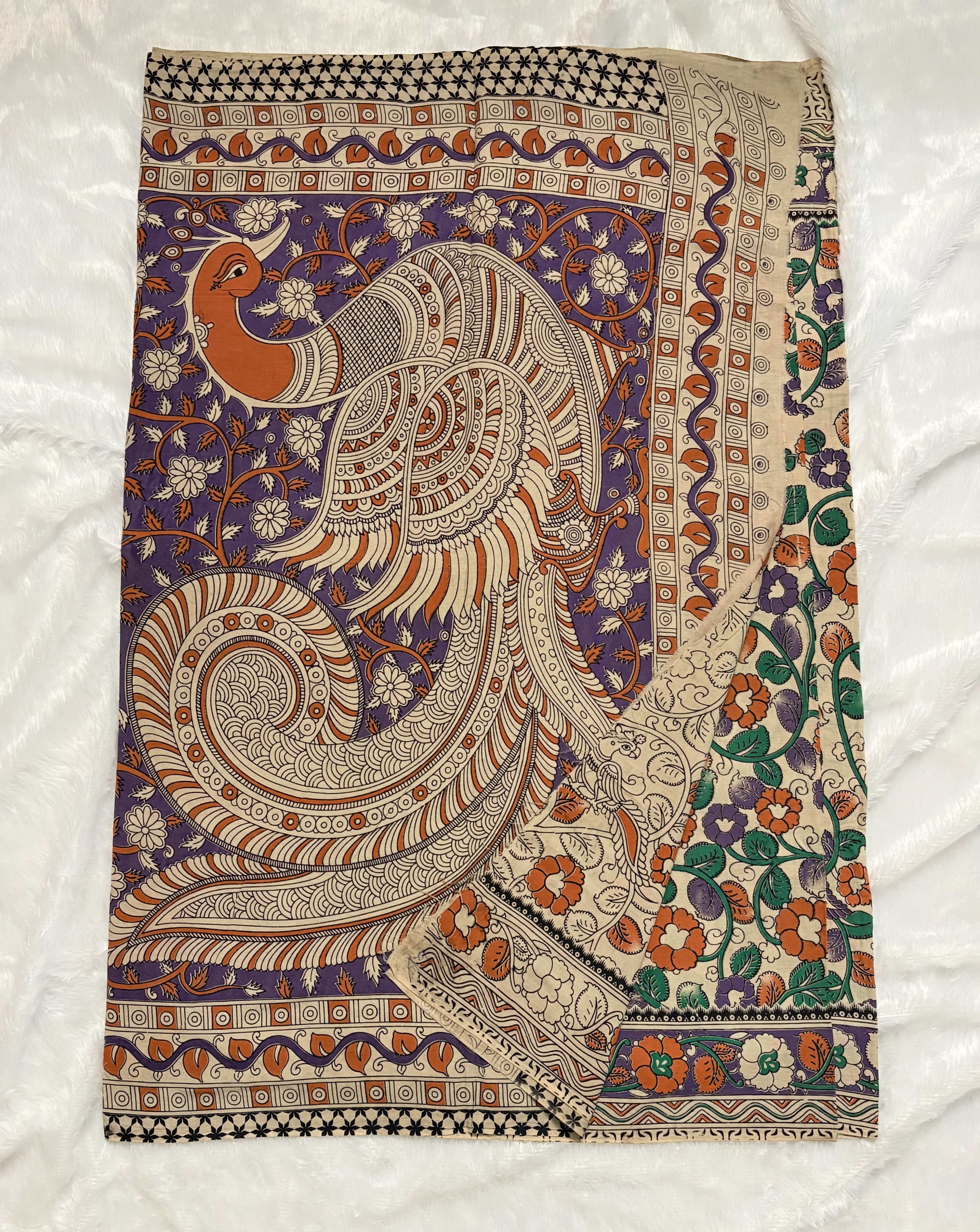Pure Kalamkari Cotton Saree - White Floral — White/Cream Kalamkari Cotton saree