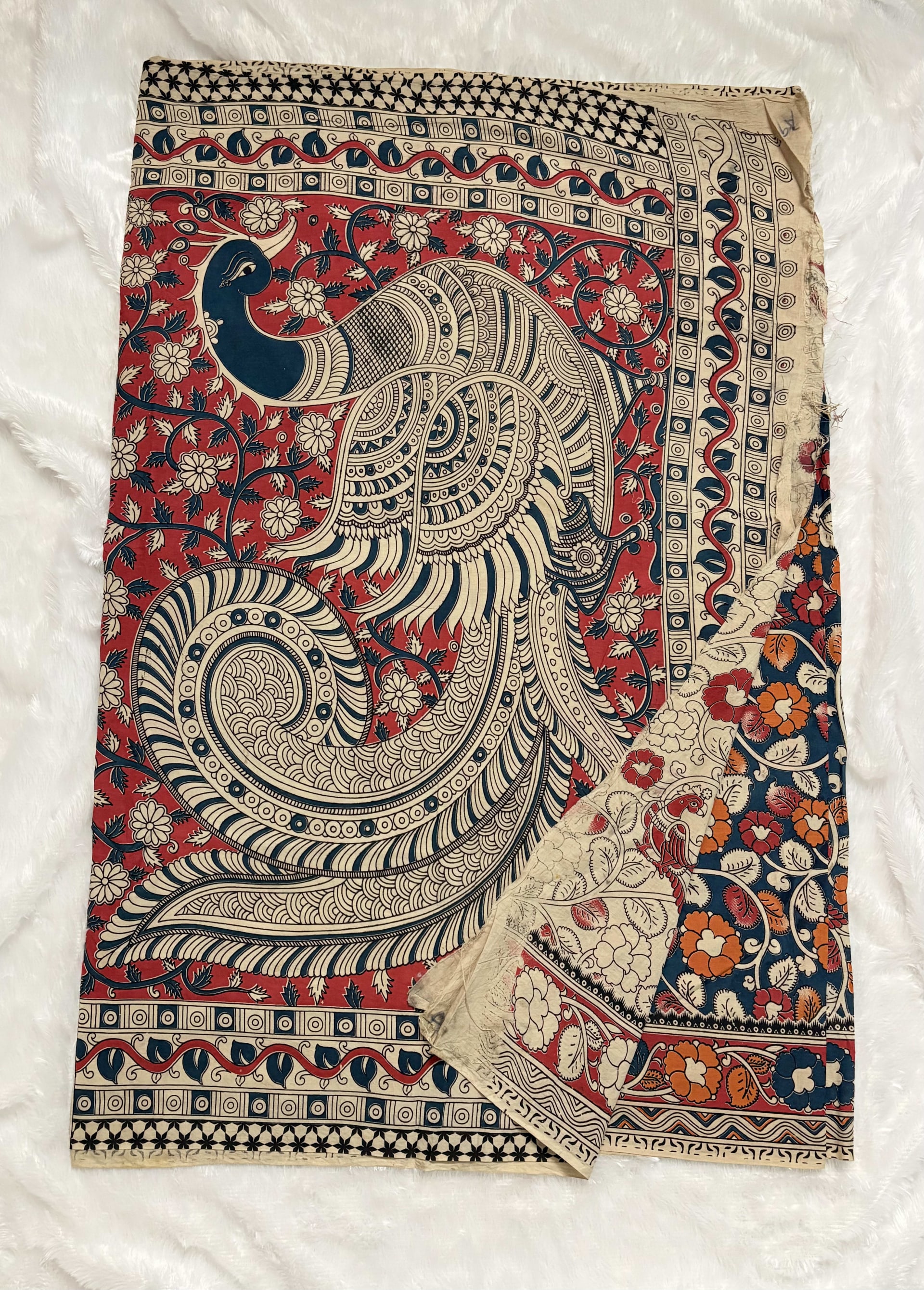 Pure Kalamkari Cotton Saree - Blue Floral — Blue Kalamkari Cotton saree