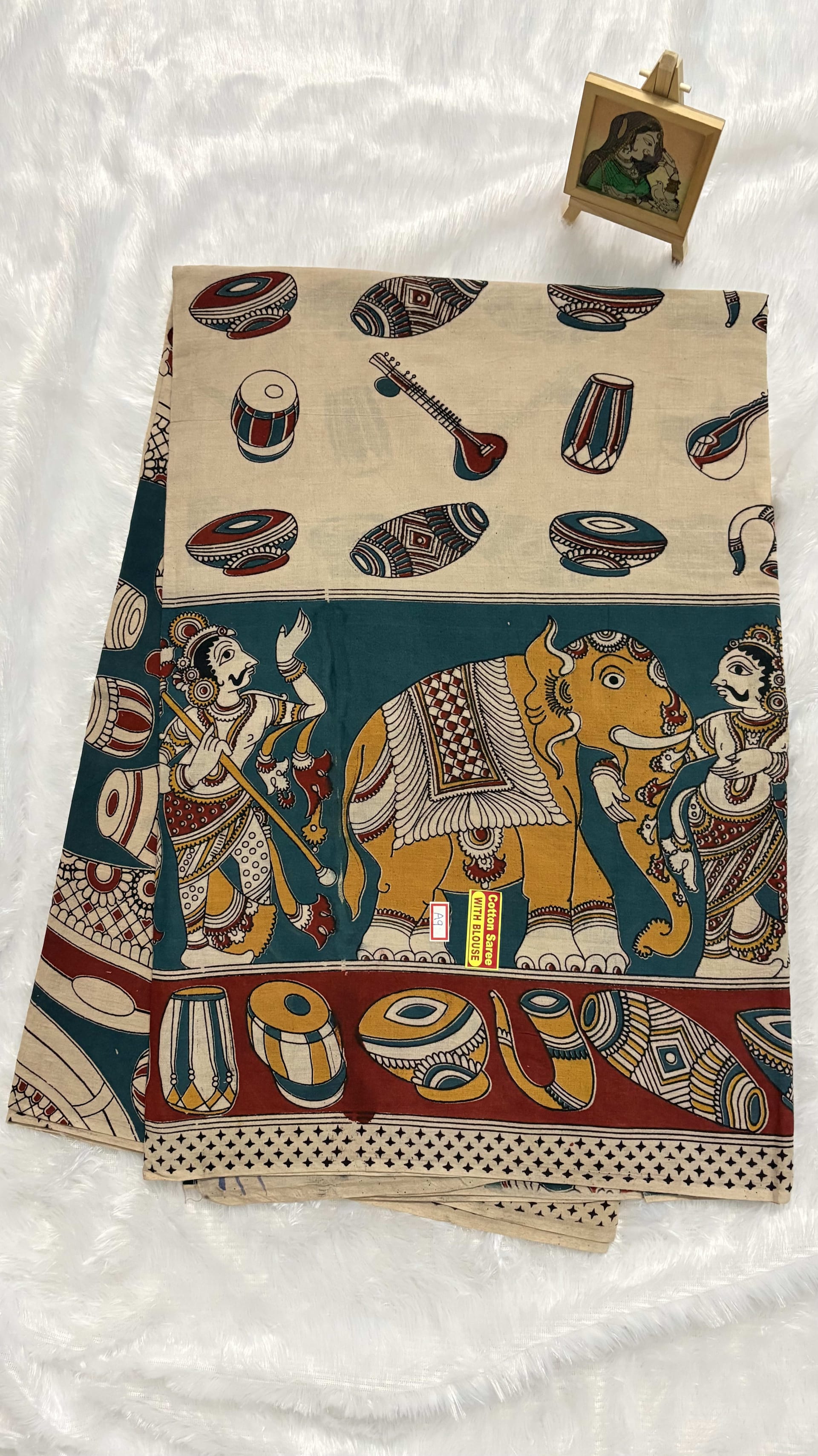 Pure Kalamkari Cotton Saree - White Dolak — White/Cream Kalamkari Cotton saree