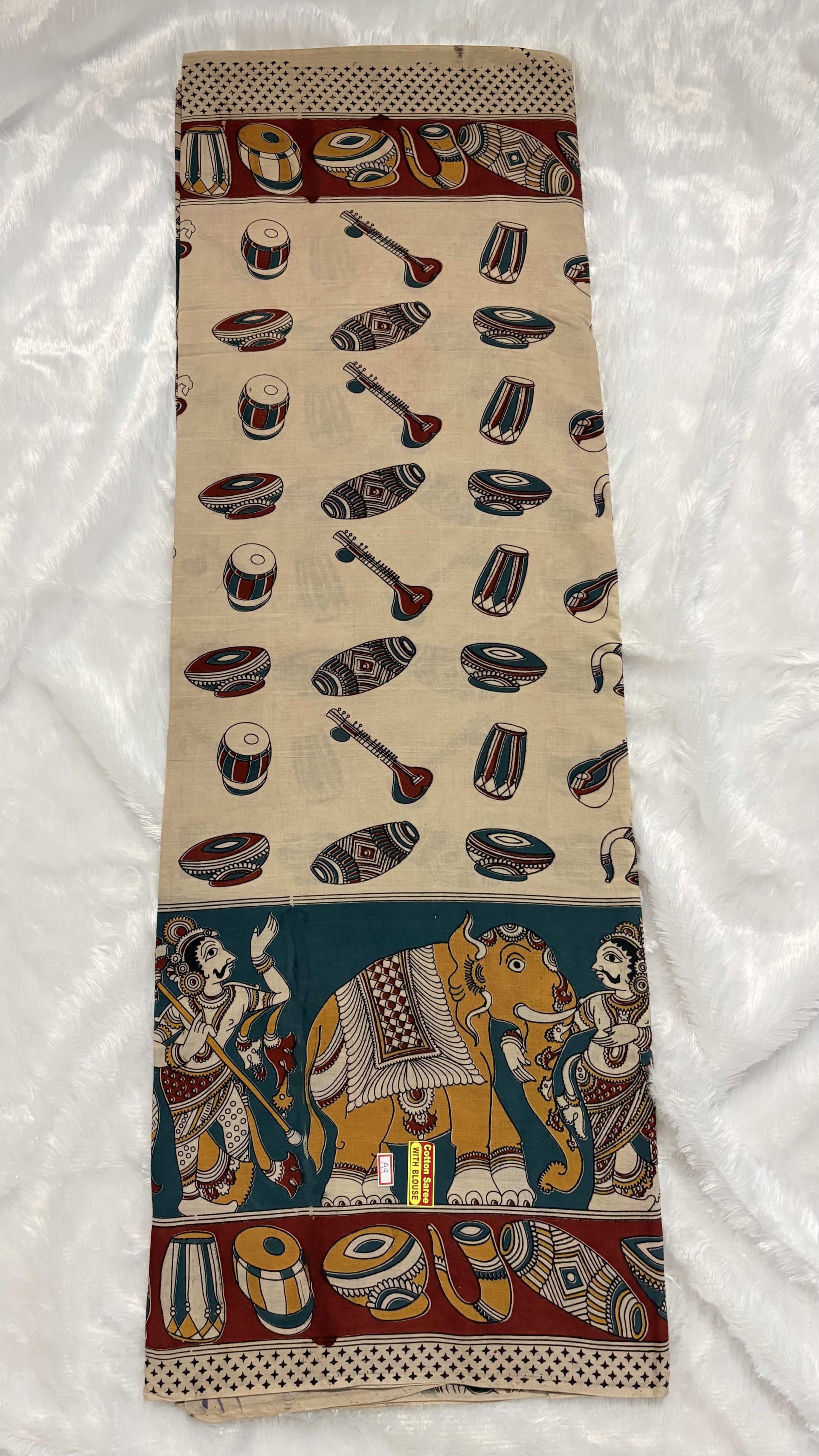 Pure Kalamkari Cotton Saree - White Dolak — White/Cream Kalamkari Cotton saree