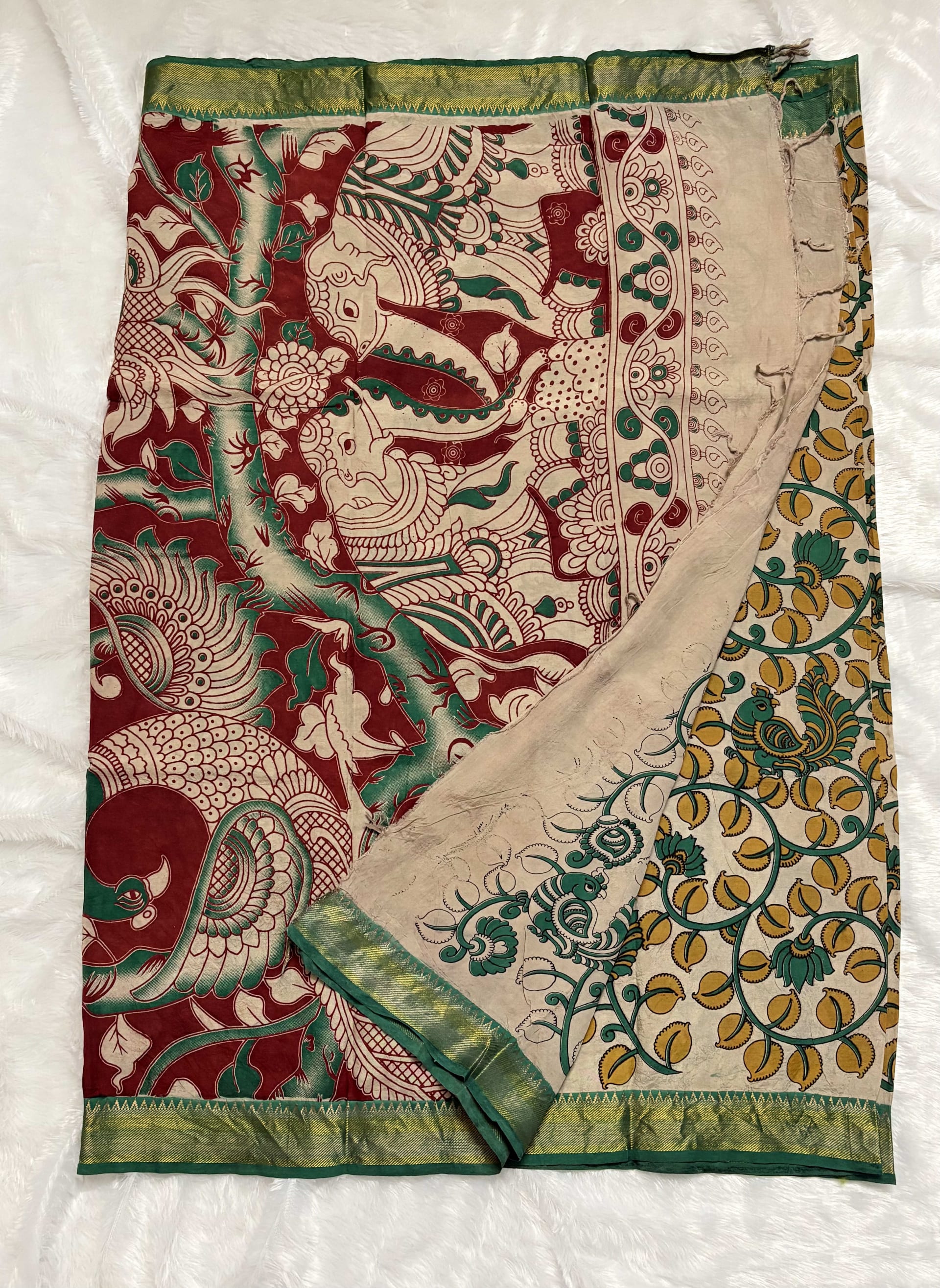 Chennur silk with Nizam border - Green leaves — Green Kalamkari Cotton Silk saree