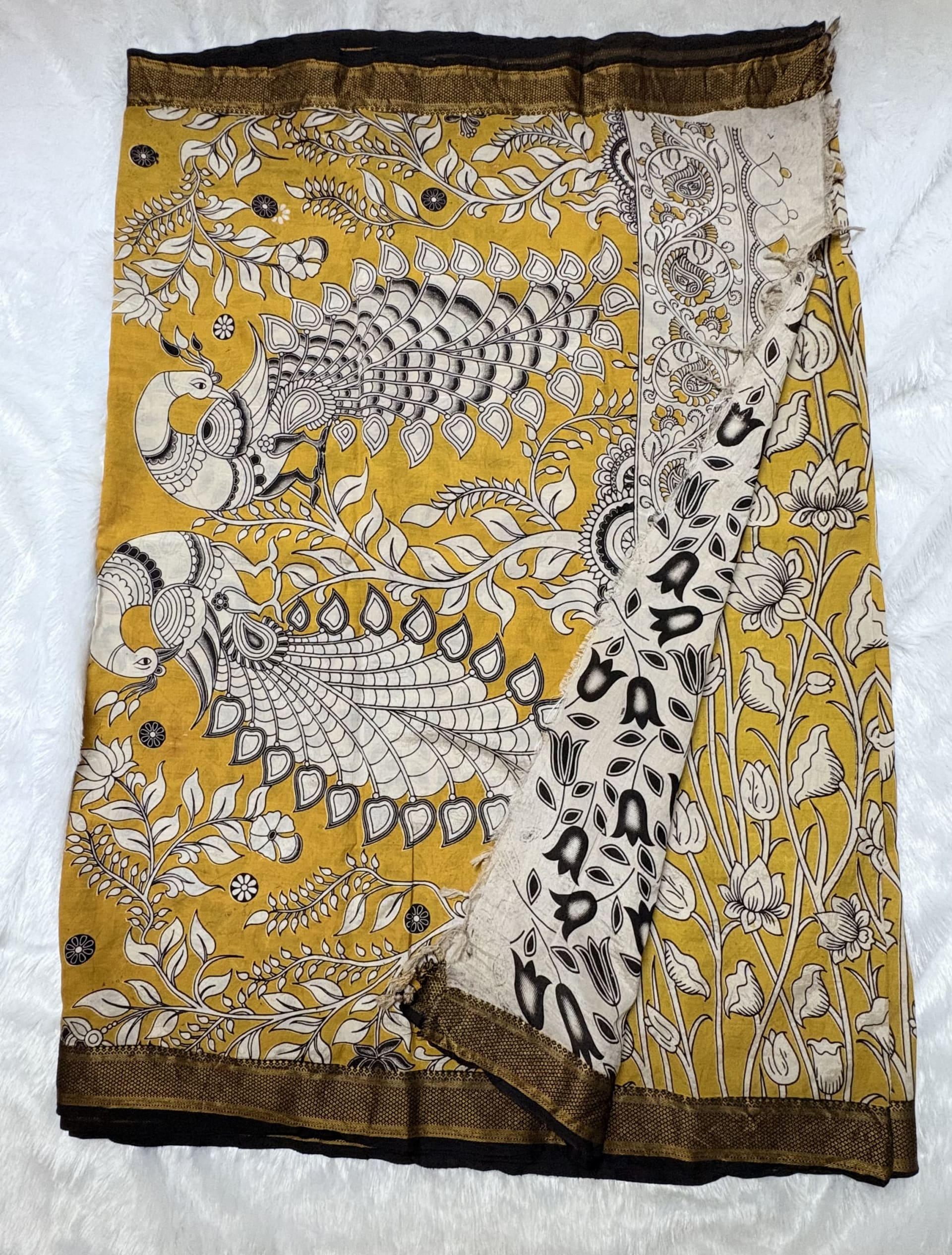 Chennur silk with Nizam Border - Yellow Floral — Yellow Kalamkari Cotton Silk saree