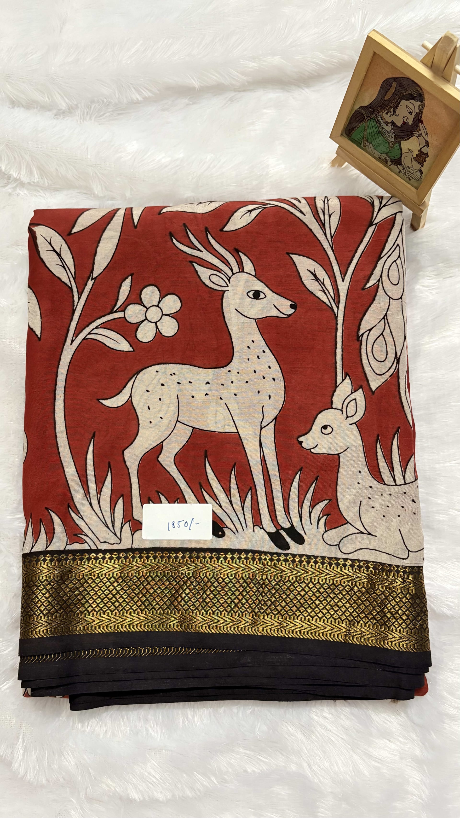 Chennur silk with Nizam border - Red deer — Red/Maroon Kalamkari Cotton Silk saree