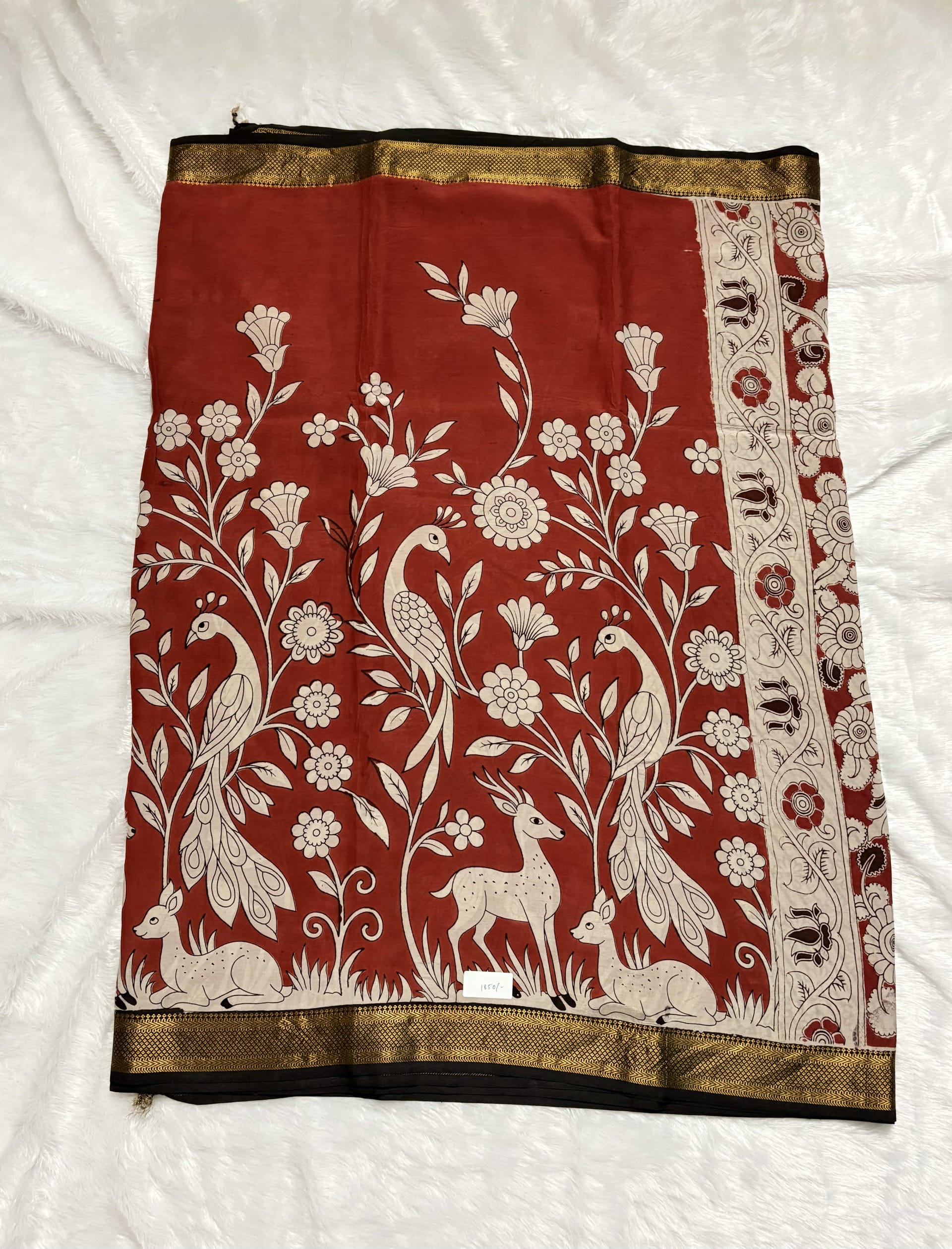 Chennur silk with Nizam border - Red deer — Red/Maroon Kalamkari Cotton Silk saree
