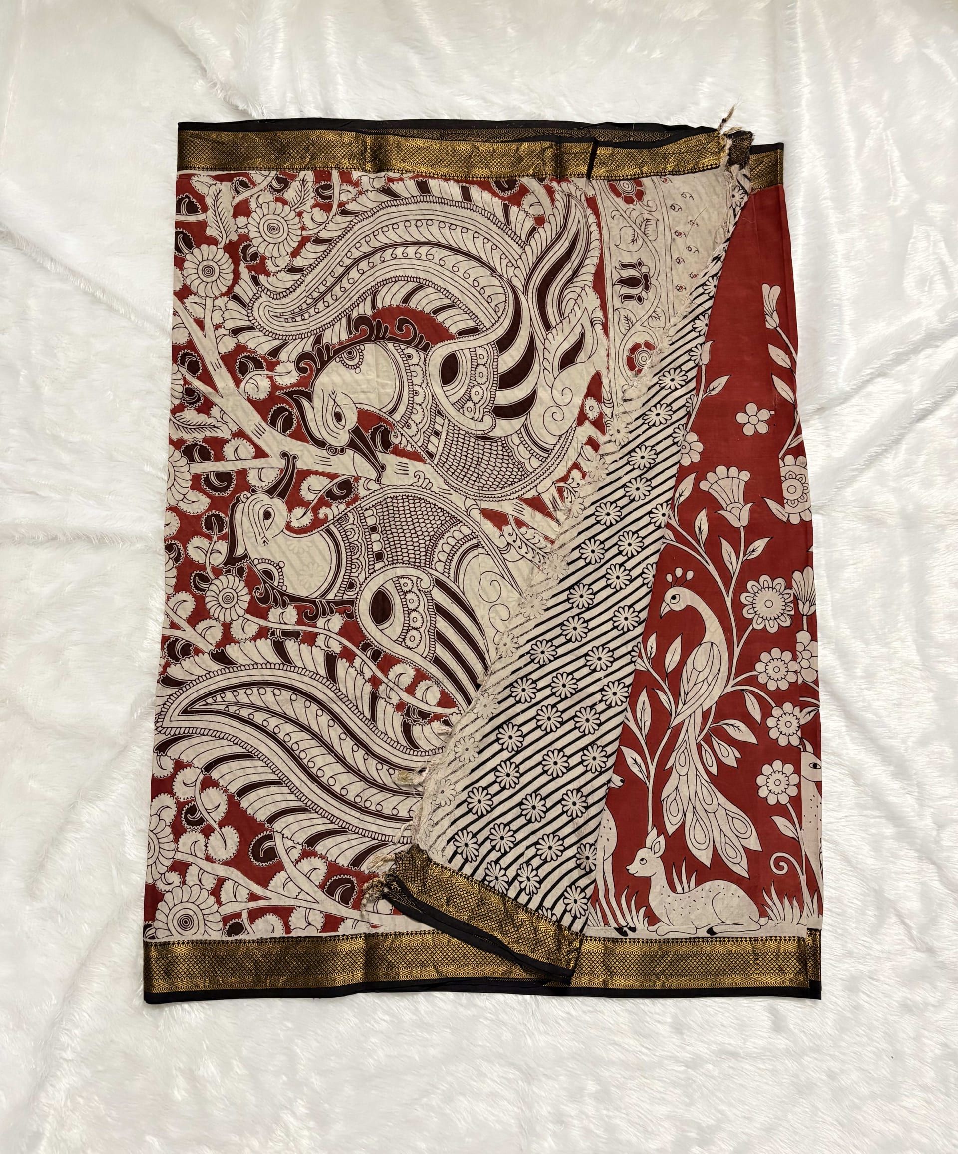 Chennur silk with Nizam border - Red deer — Red/Maroon Kalamkari Cotton Silk saree