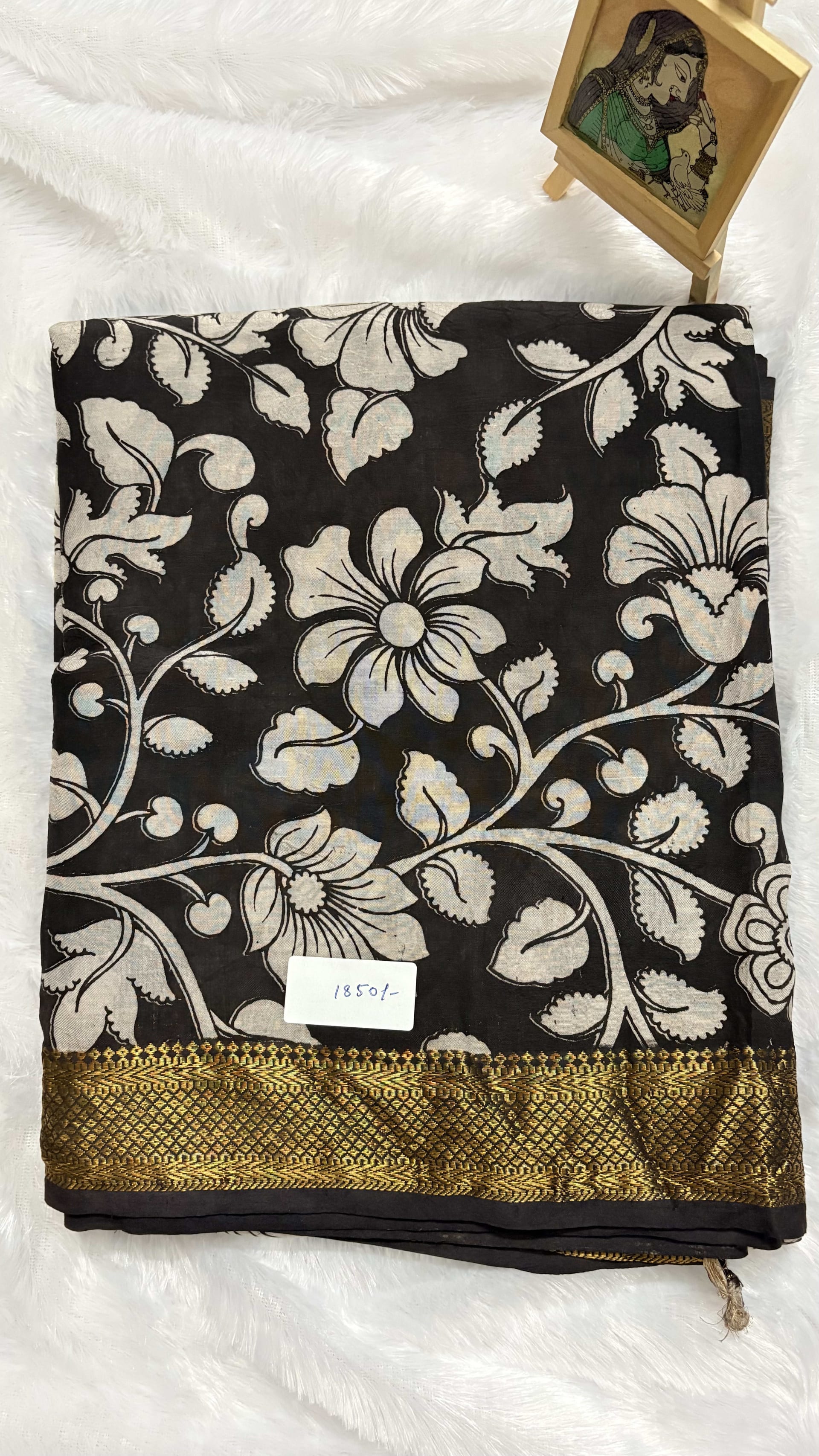Chennur silk with Nizam border - Black floral — Black/Grey Kalamkari Cotton Silk saree