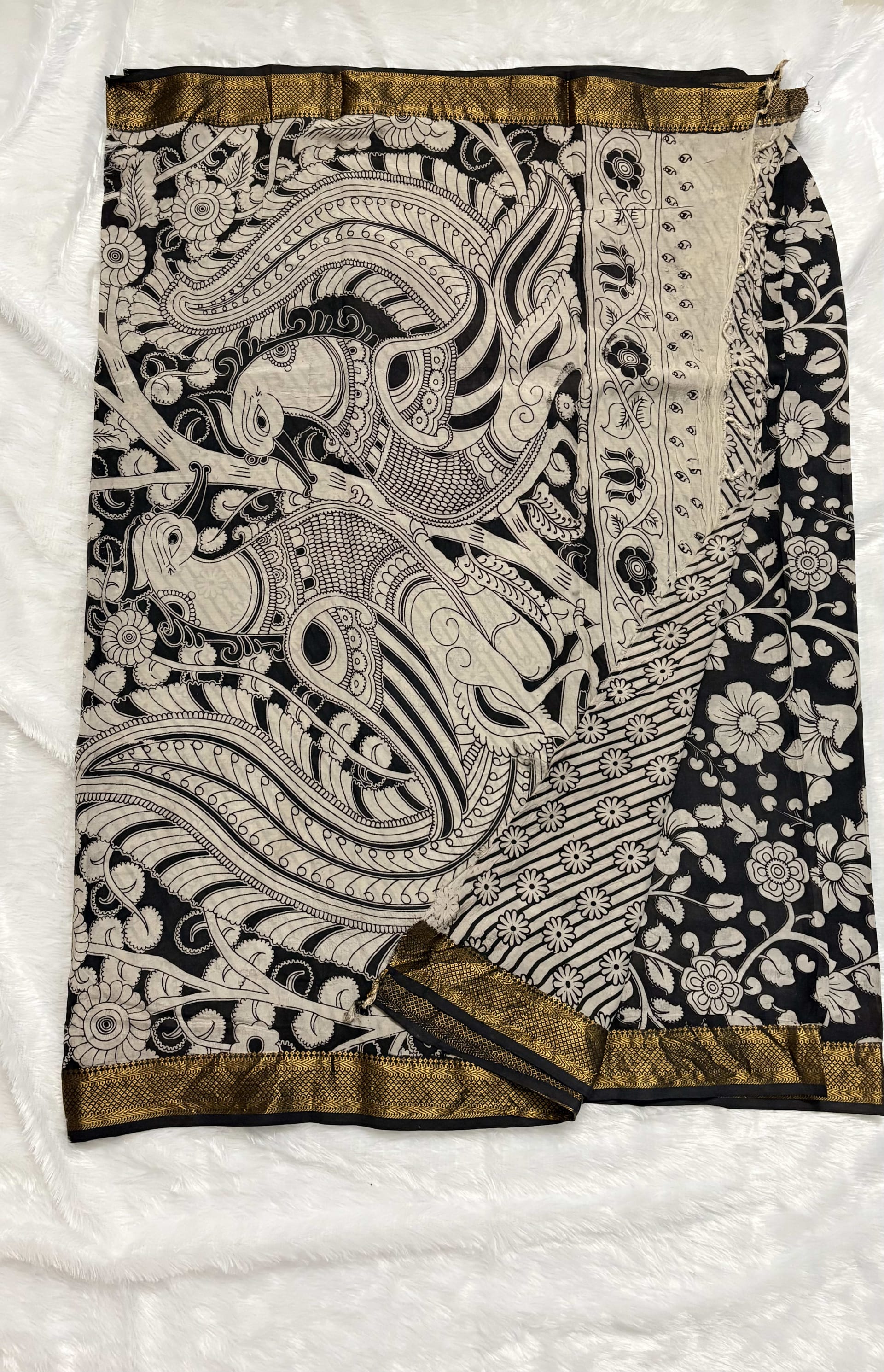 Chennur silk with Nizam border - Black floral — Black/Grey Kalamkari Cotton Silk saree