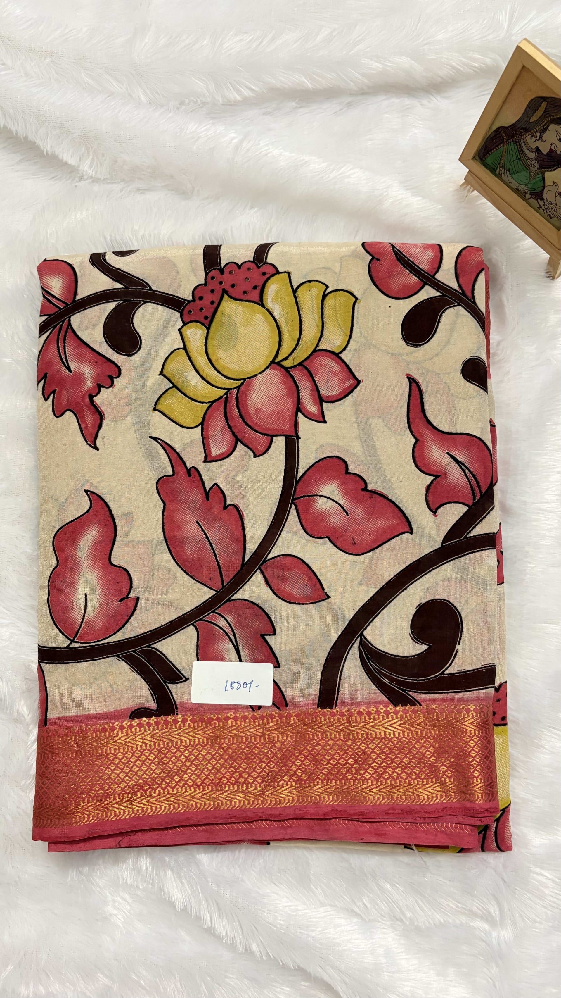 Chennur silk with Nizam border - Pink lotus — Pink/Peach Kalamkari Cotton Silk saree