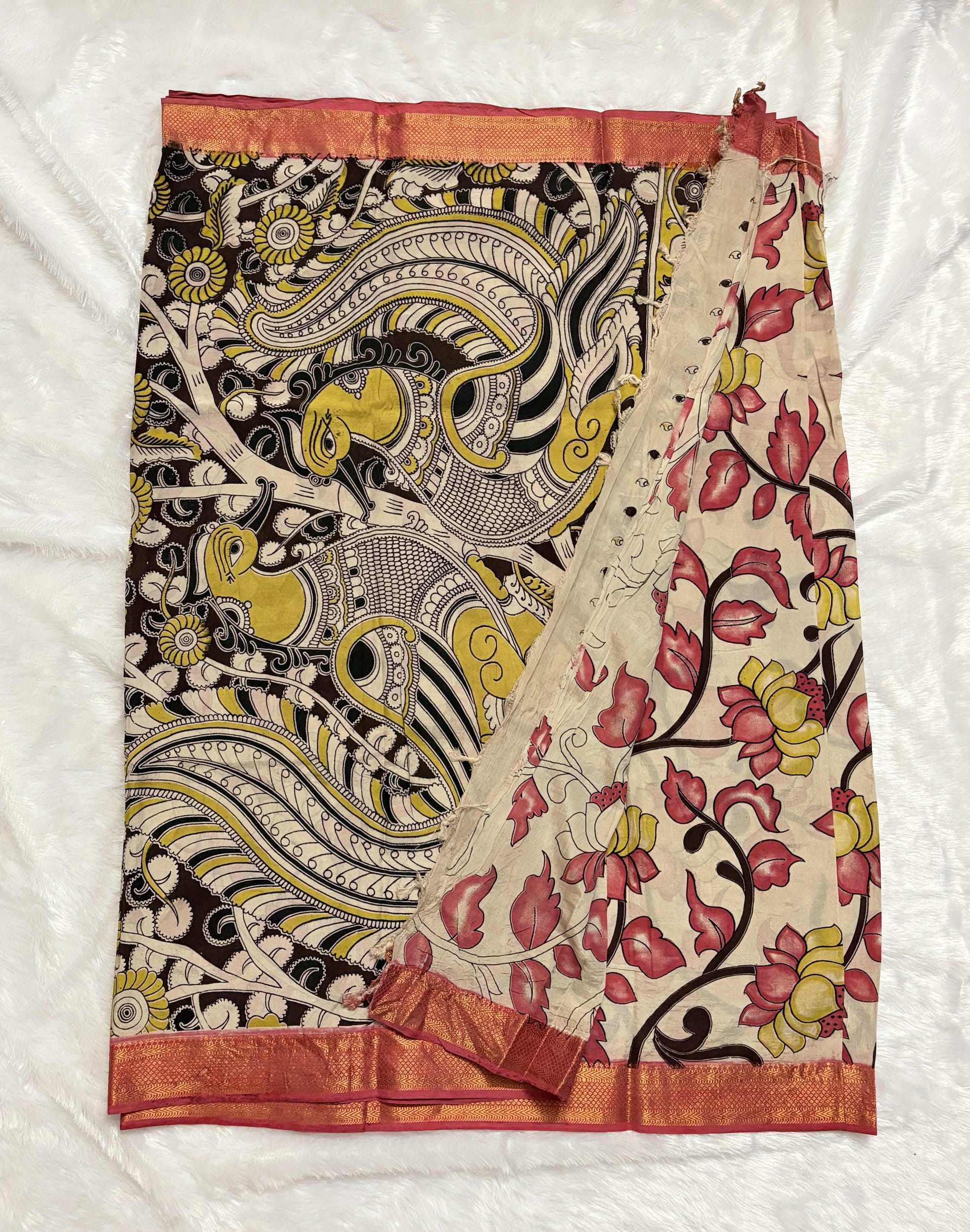 Chennur silk with Nizam border - Pink lotus — Pink/Peach Kalamkari Cotton Silk saree