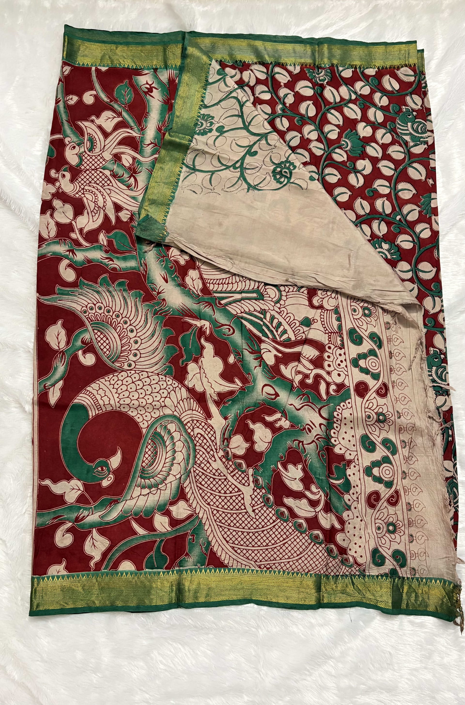 Chennur silk with Nizam border - Maroon and green — Red/Maroon Kalamkari Cotton Silk saree