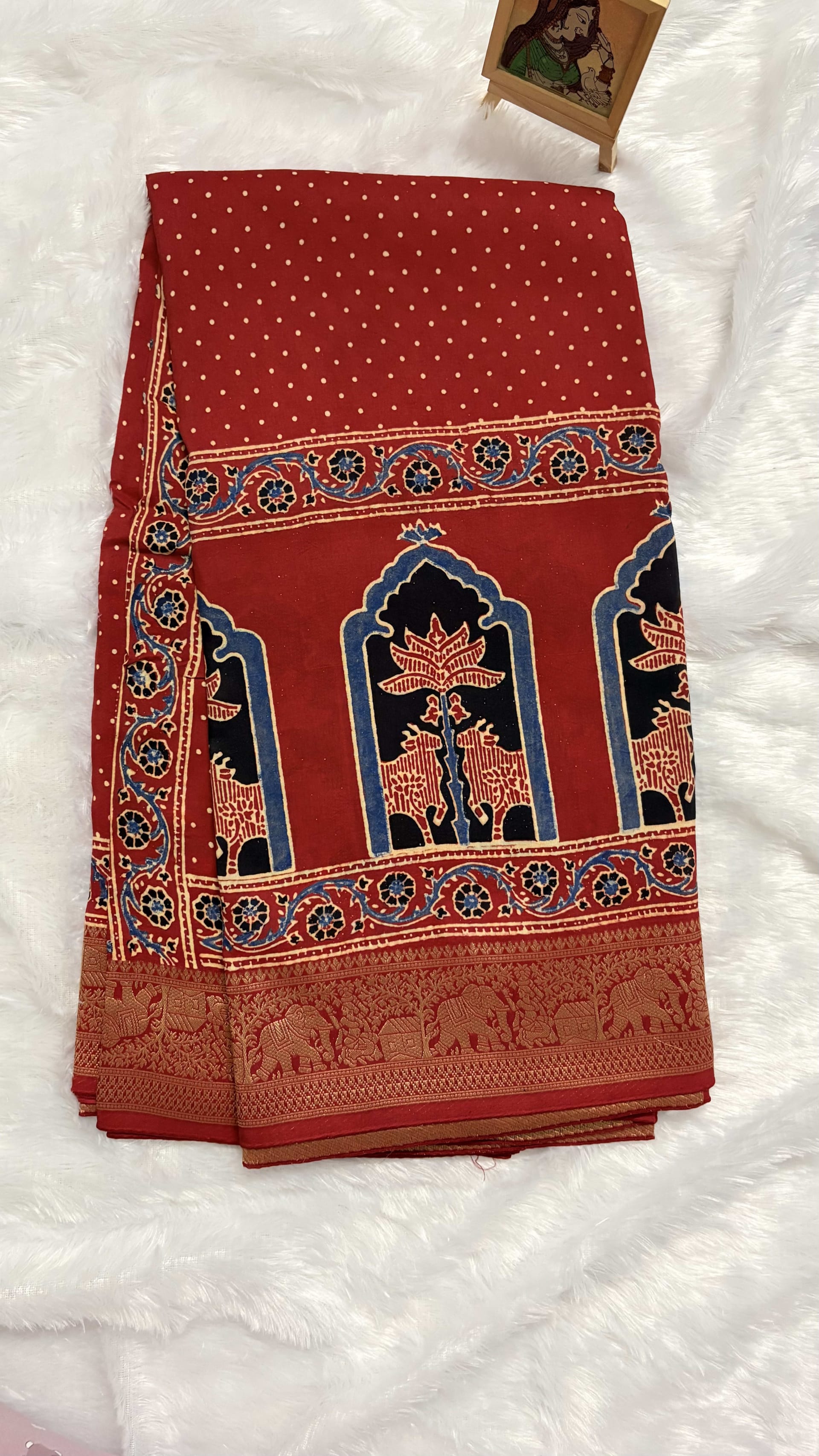 Pure Ajrakh Dola silk saree - Red dots — Red/Maroon Ajrakh Dola saree
