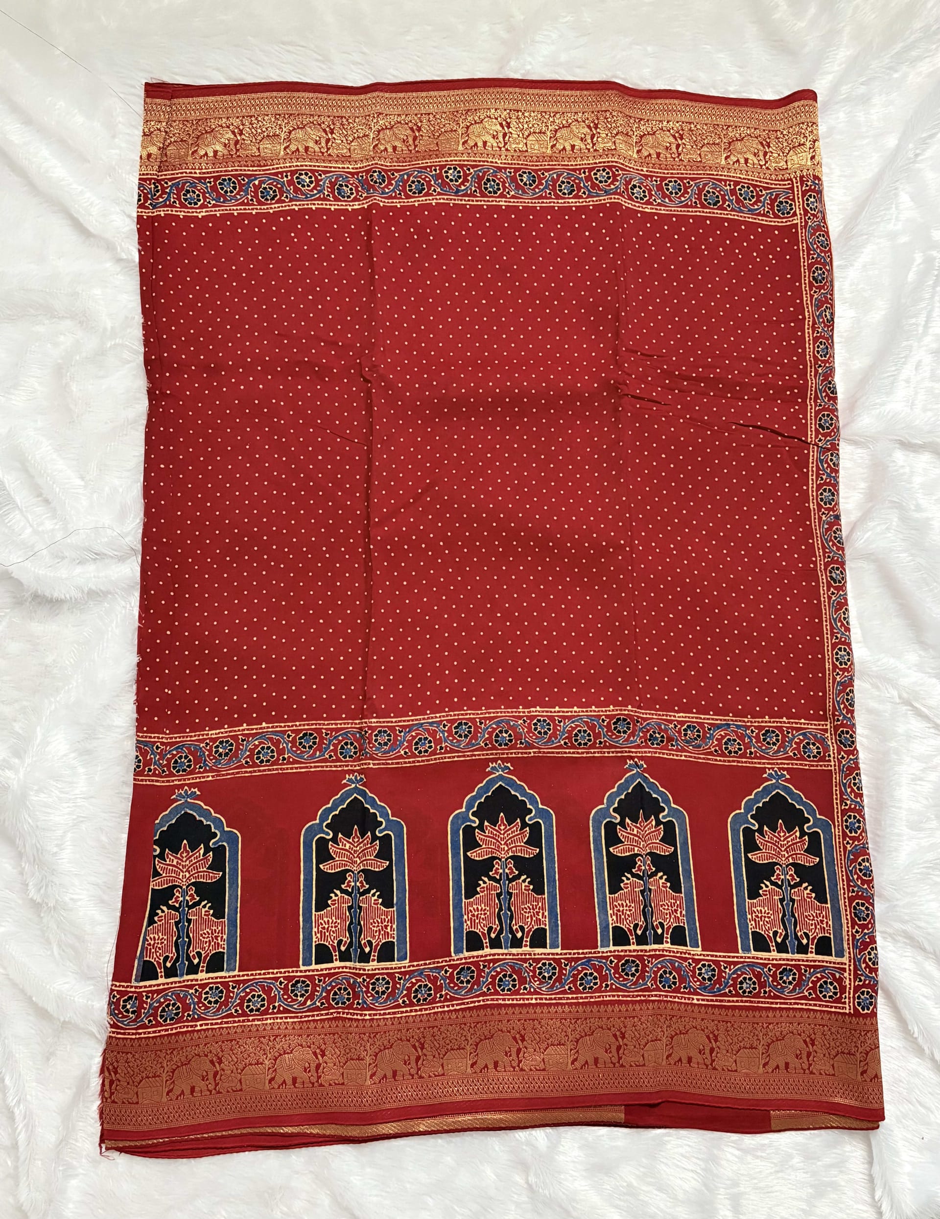 Pure Ajrakh Dola silk saree - Red dots — Red/Maroon Ajrakh Dola saree