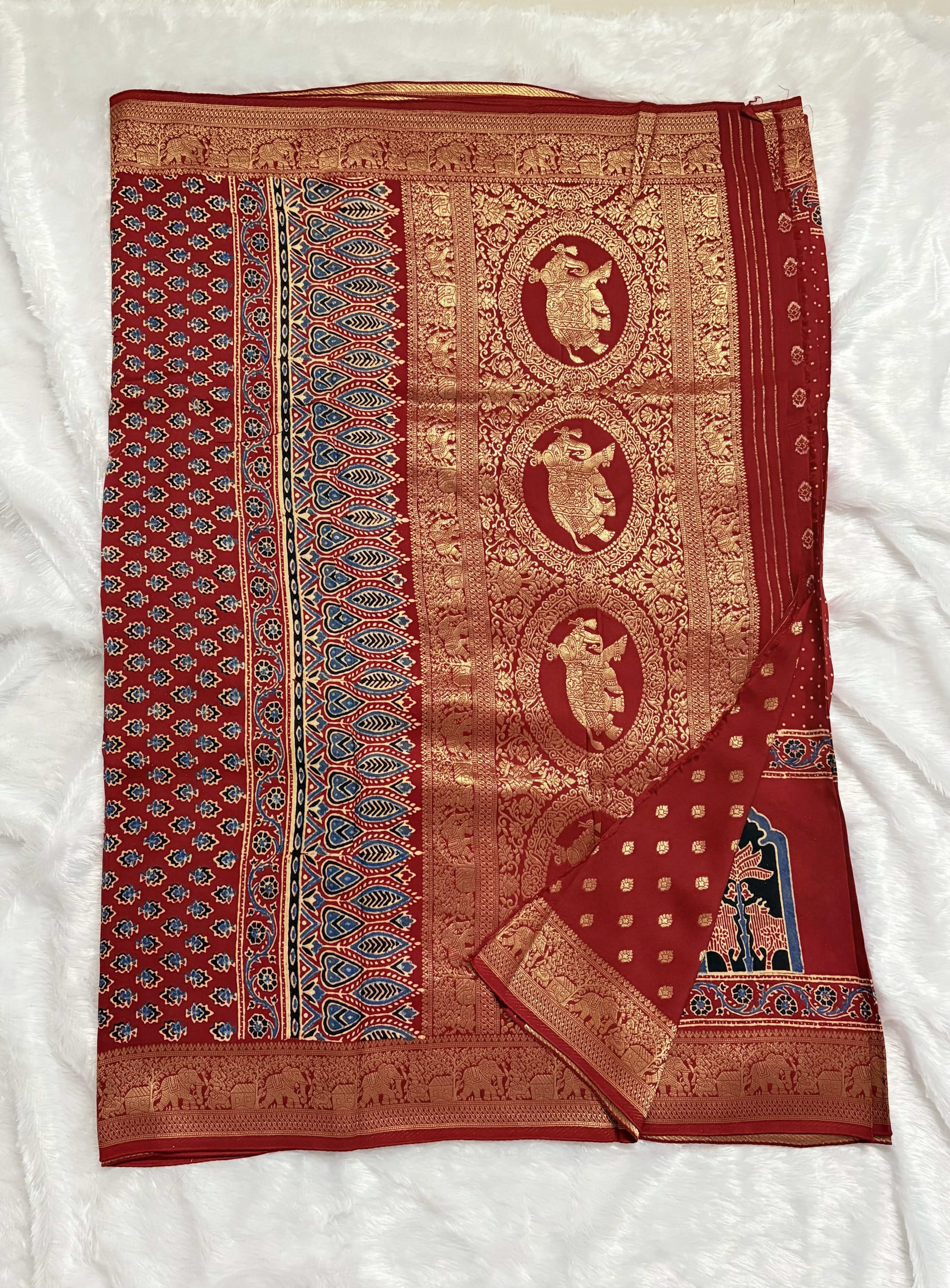 Pure Ajrakh Dola silk saree - Red dots — Red/Maroon Ajrakh Dola saree