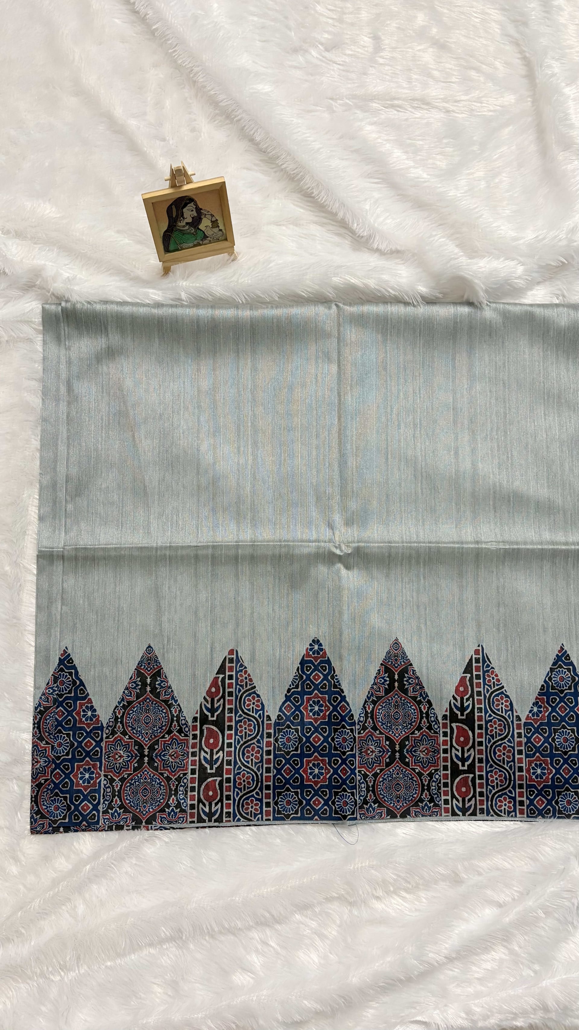 Semi tussar saree with Ajrakh prints - Blue — Blue Ajrakh Tussar saree