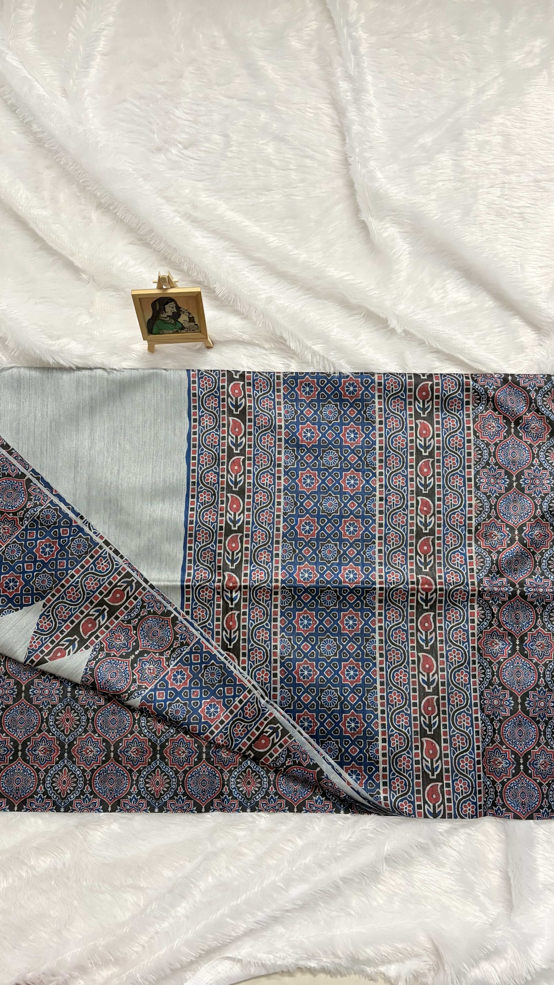 Semi tussar saree with Ajrakh prints - Blue — Blue Ajrakh Tussar saree