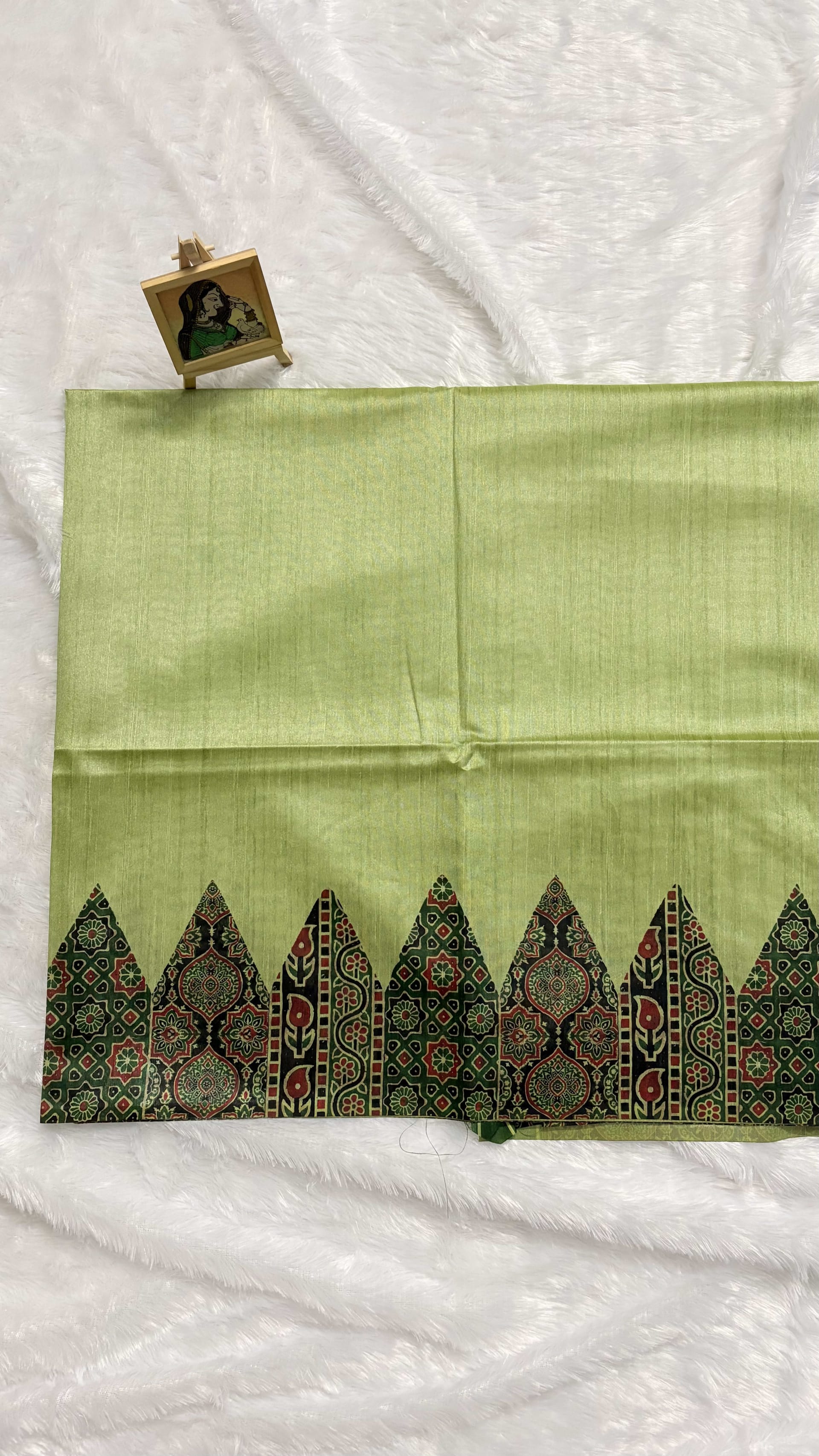 Semi tussar saree with Ajrakh prints - Green — Green Ajrakh Tussar saree
