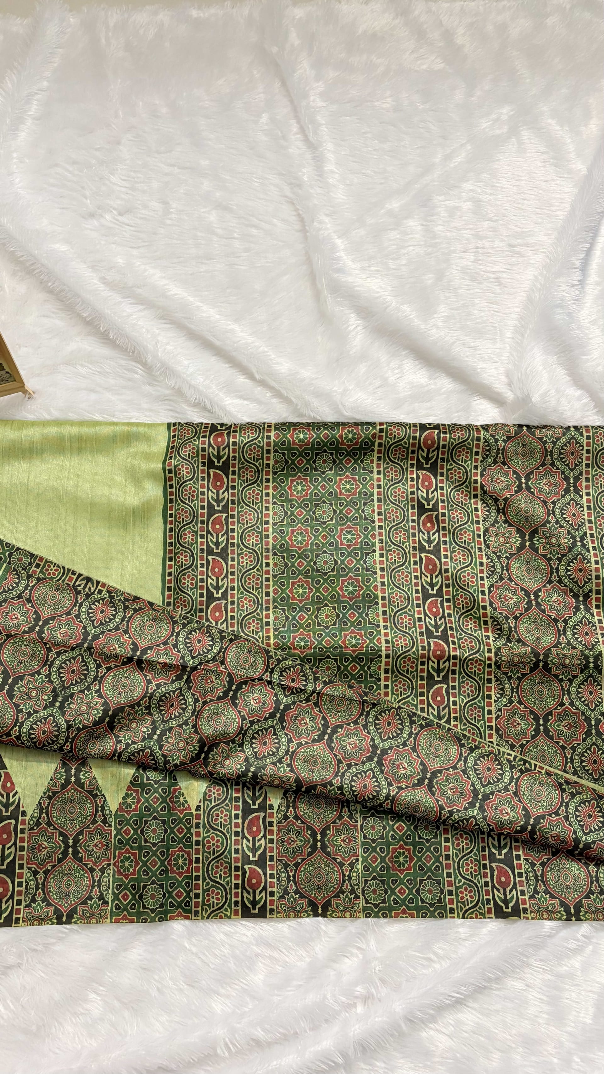 Semi tussar saree with Ajrakh prints - Green — Green Ajrakh Tussar saree