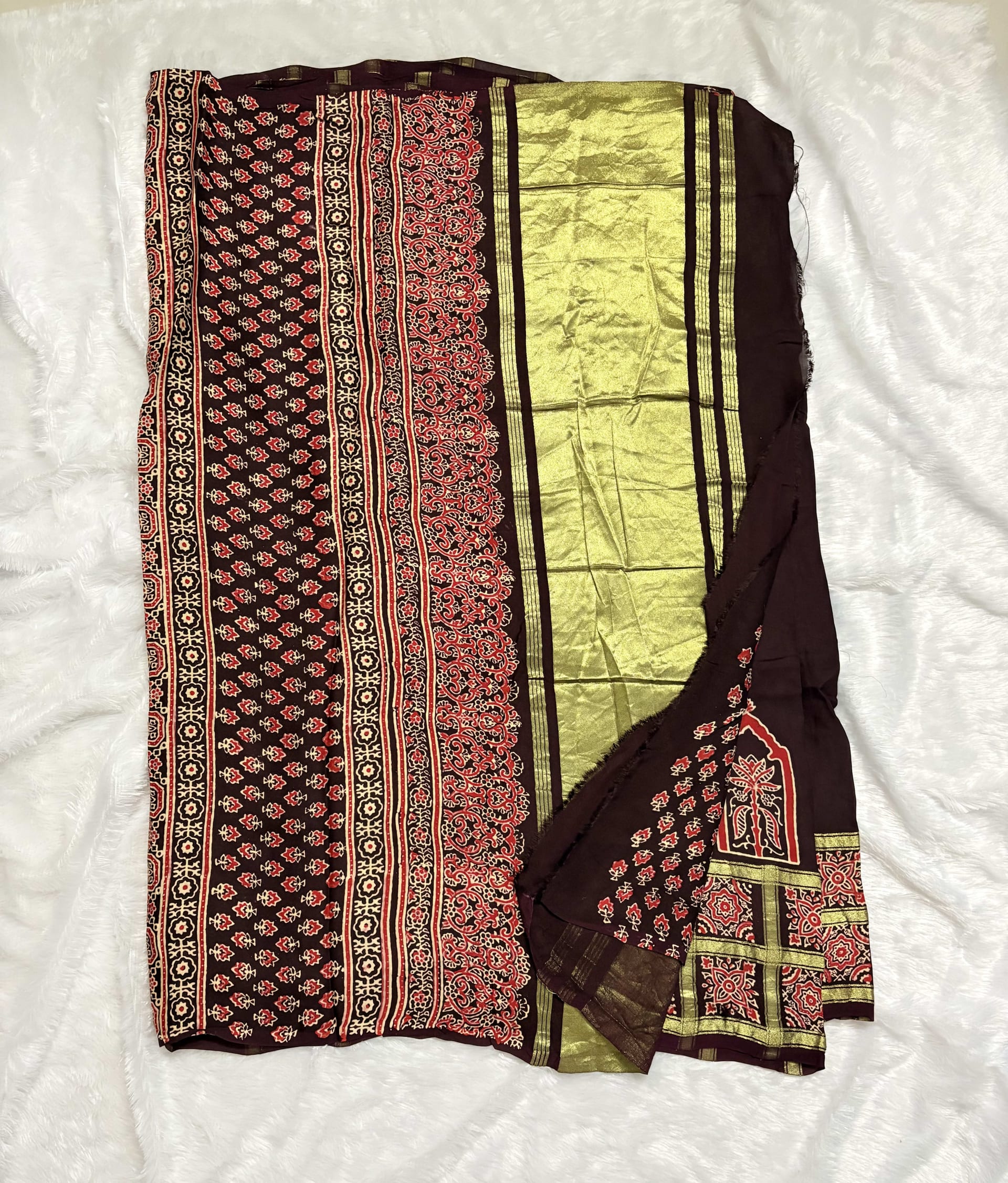 Pure Ajrakh Modal silk saree - Coffee brown checks — Brown Ajrakh Modal saree
