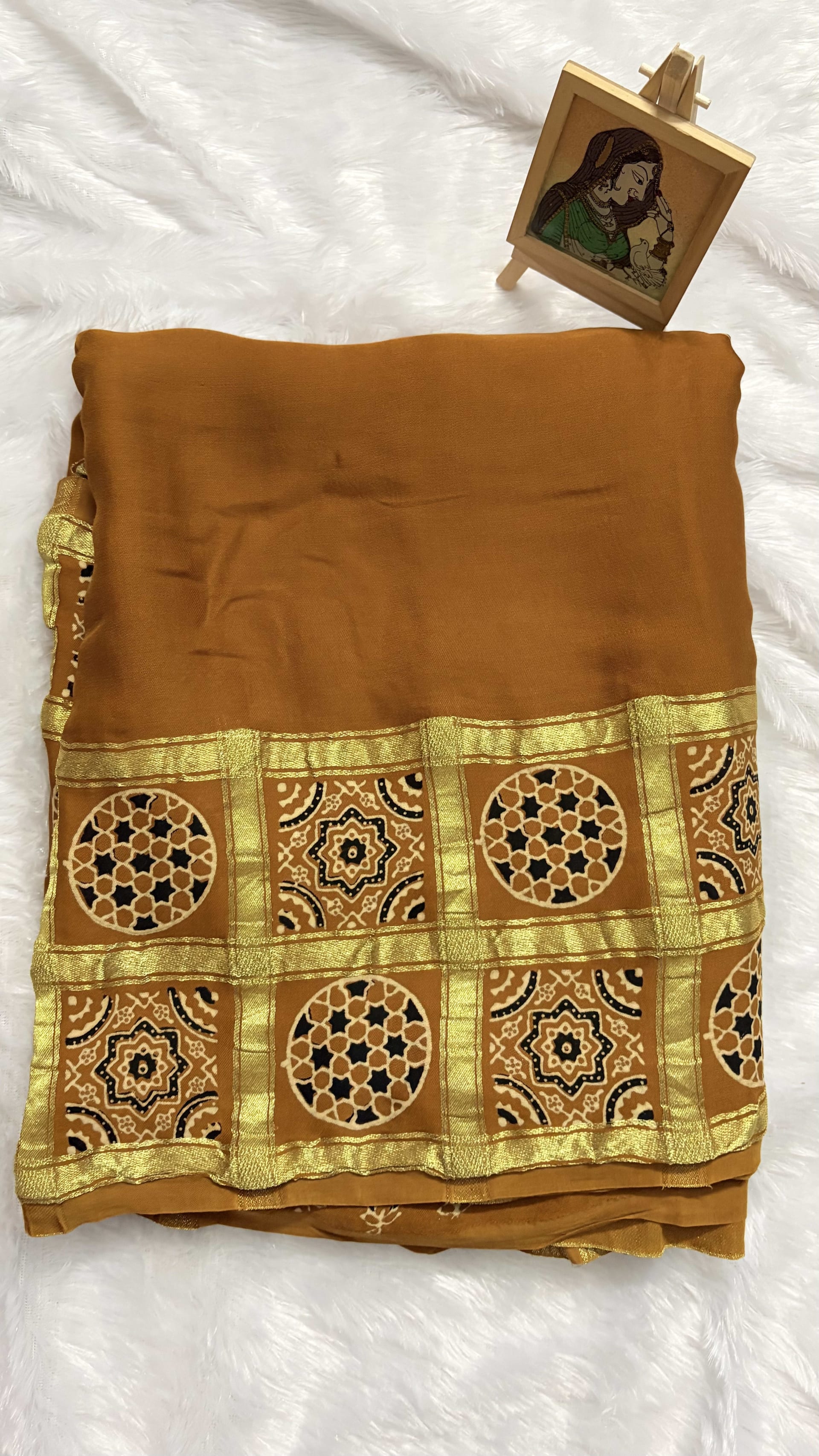 Pure Ajrakh Modal silk saree - Mustard yellow checks — Yellow Ajrakh Modal saree