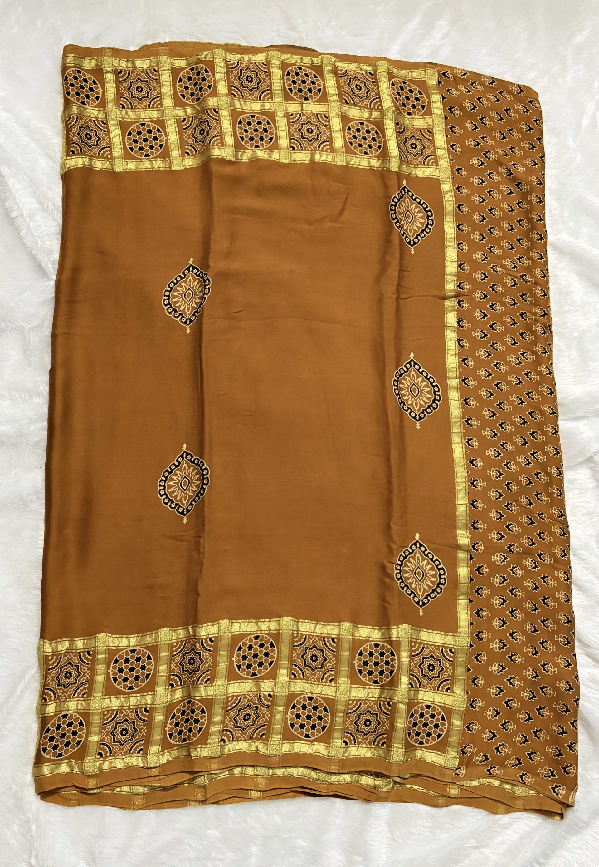 Pure Ajrakh Modal silk saree - Mustard yellow checks — Yellow Ajrakh Modal saree