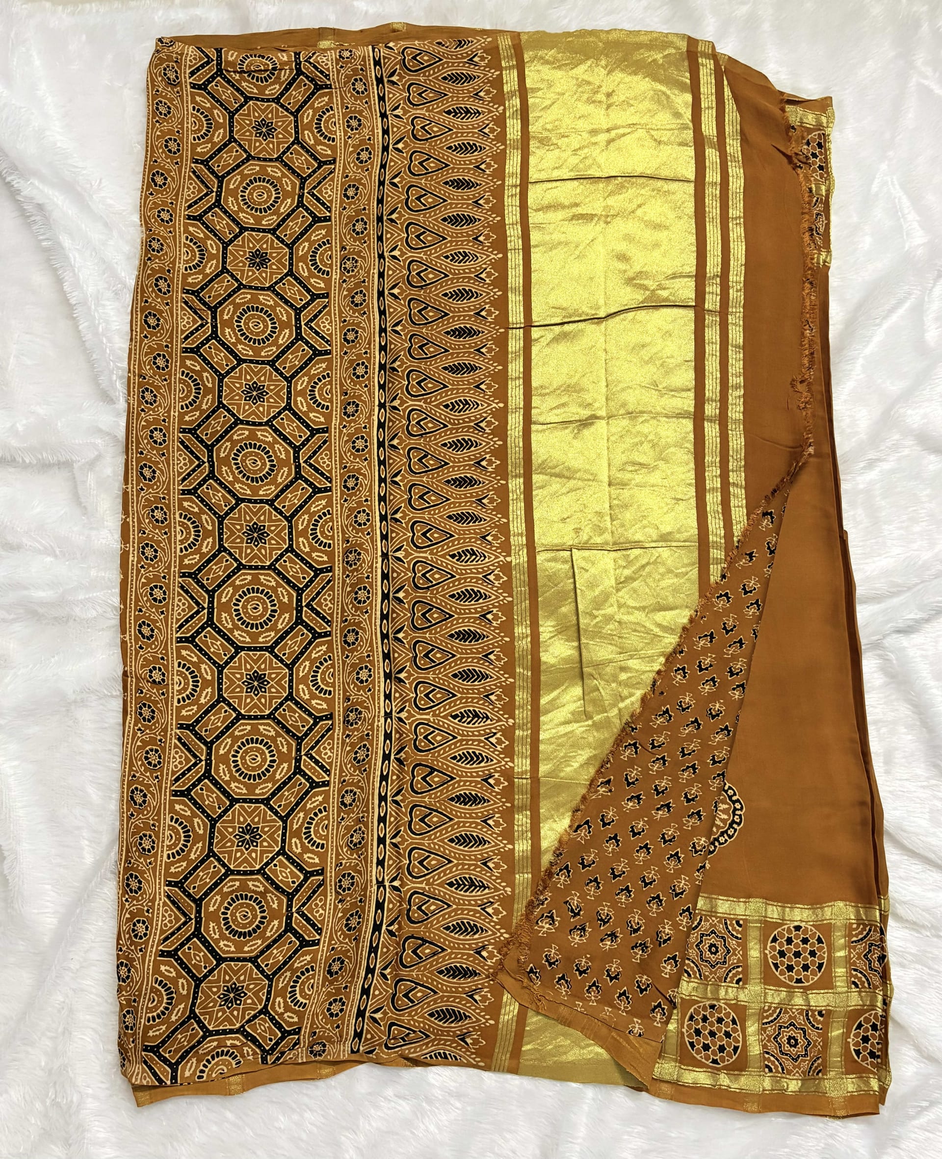 Pure Ajrakh Modal silk saree - Mustard yellow checks — Yellow Ajrakh Modal saree