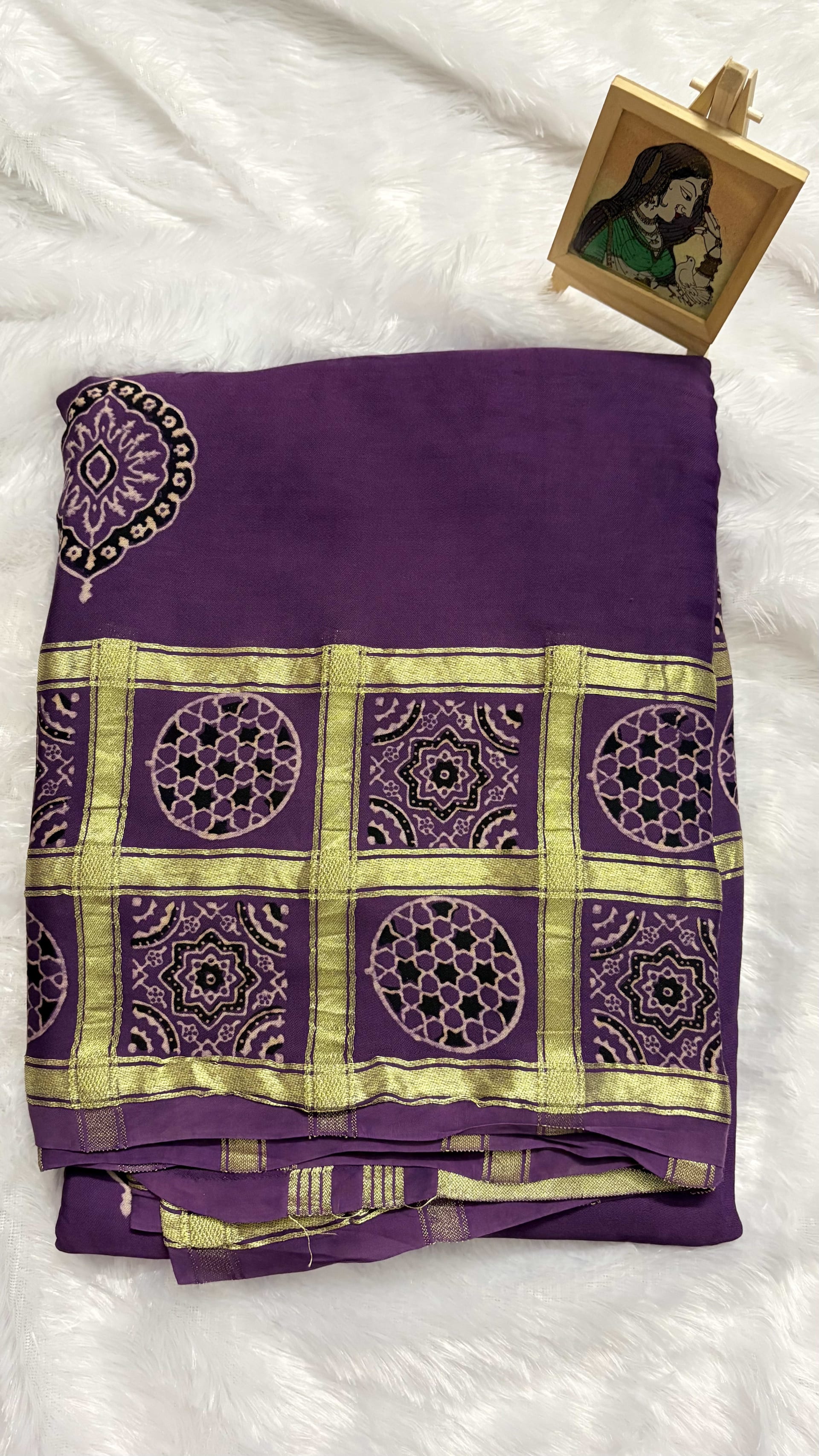 Pure Ajrakh Modal silk saree - Lavender checks — Purple/Lavender Ajrakh Modal saree