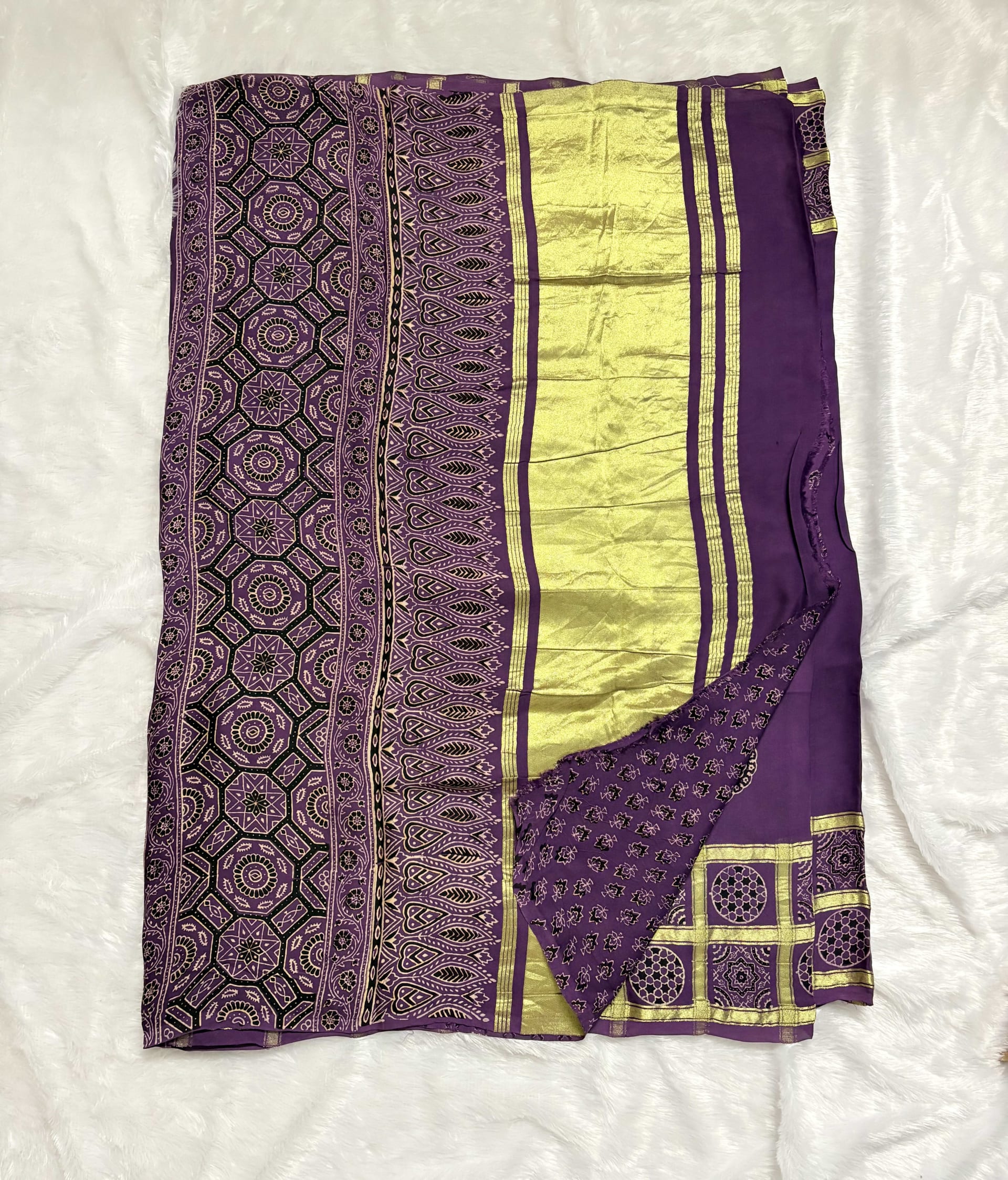 Pure Ajrakh Modal silk saree - Lavender checks — Purple/Lavender Ajrakh Modal saree