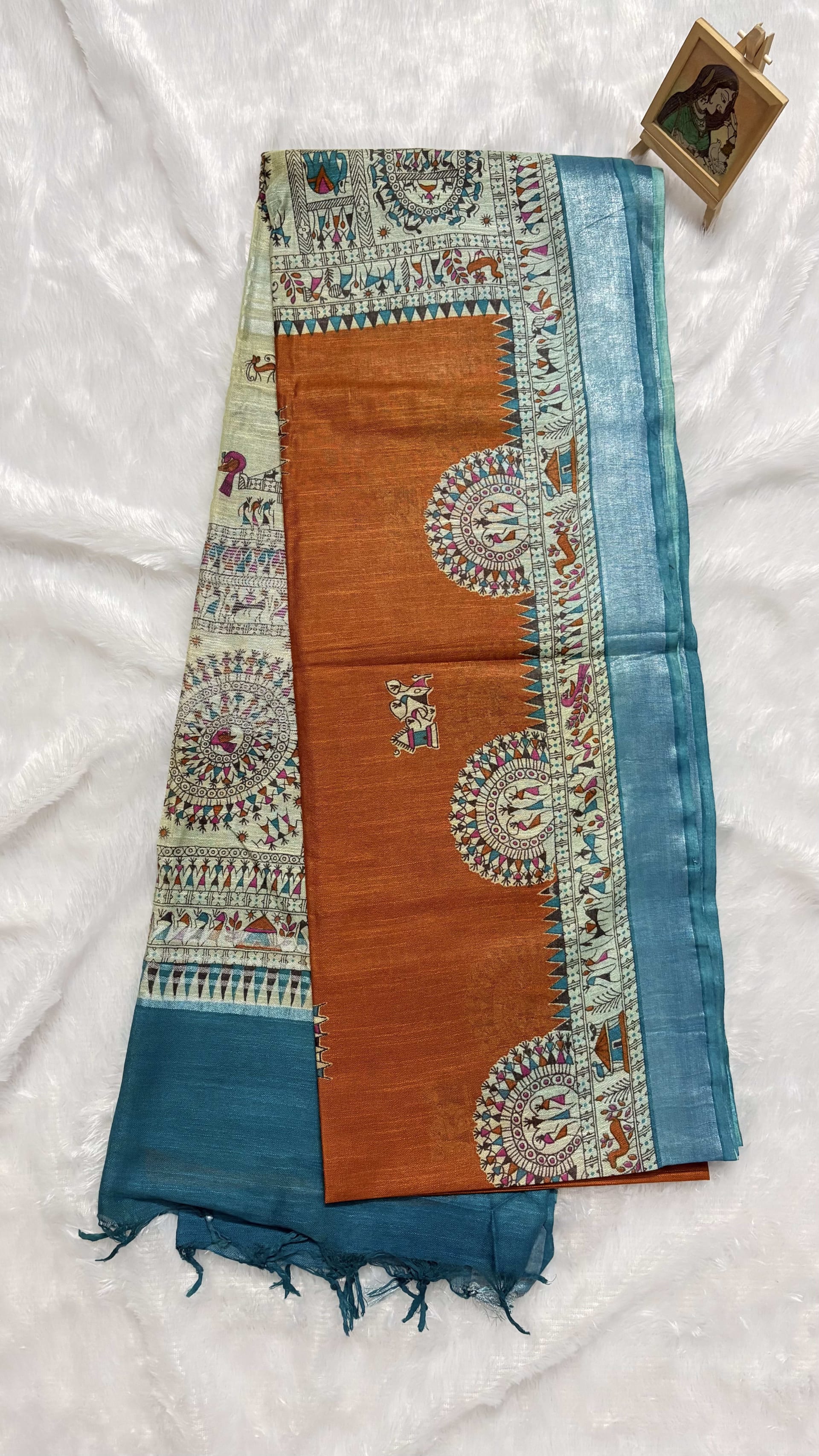 Linen Cotton Sarees with Madhubani prints - Orange and blue — Orange Chanderi Linen saree