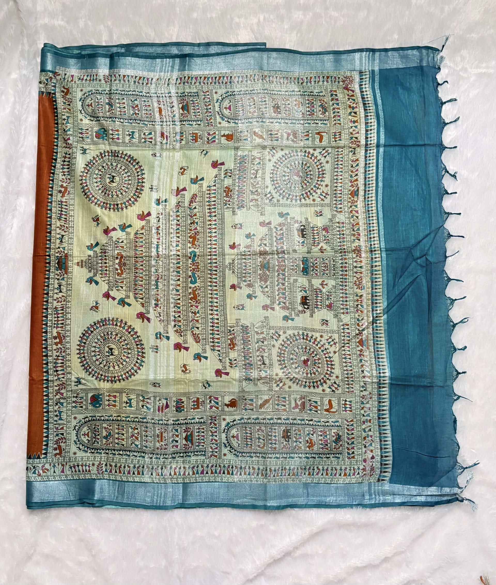 Linen Cotton Sarees with Madhubani prints - Orange and blue — Orange Chanderi Linen saree
