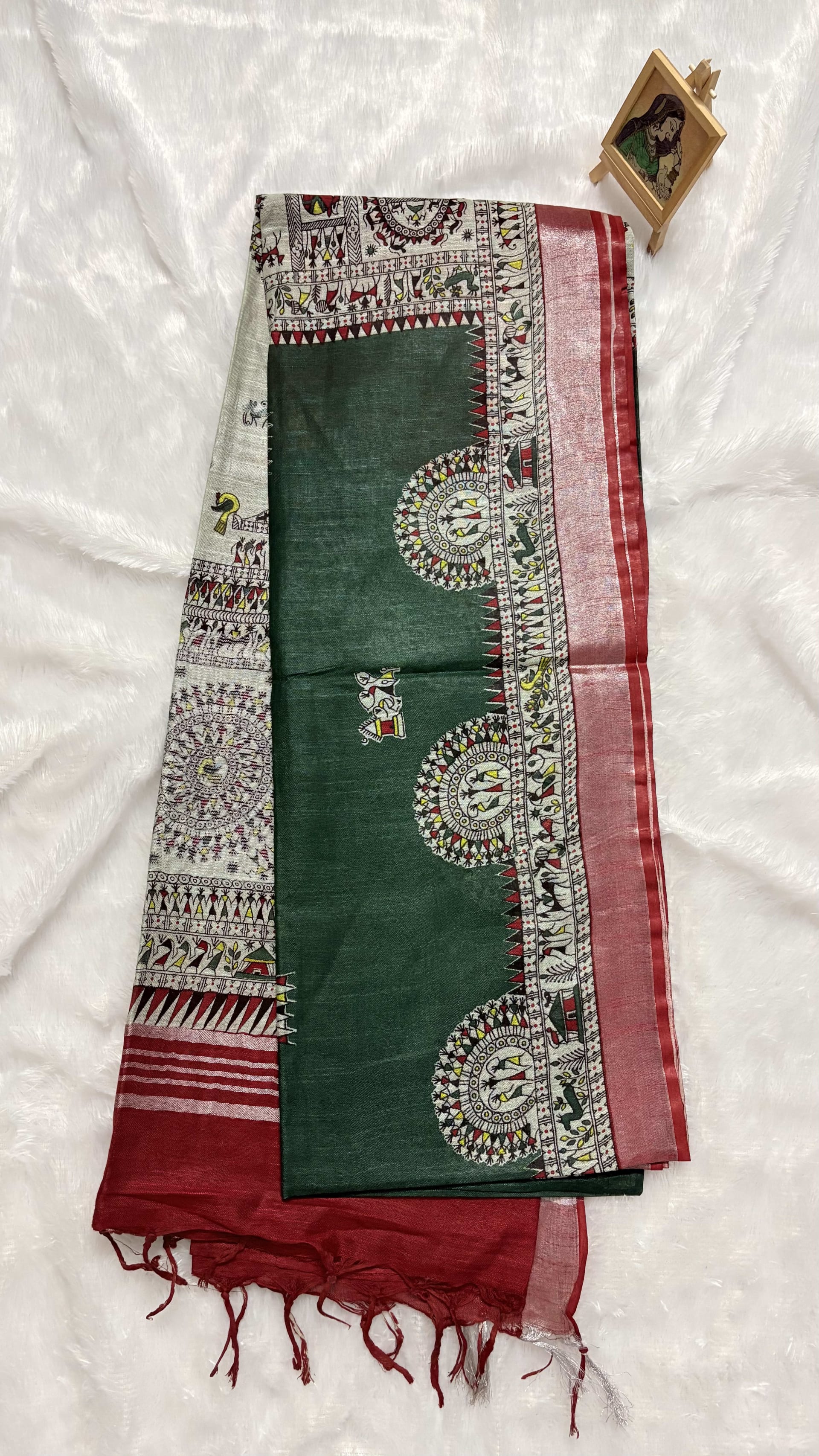 Linen Cotton Sarees with Madhubani prints - Green and maroon — Green Chanderi Linen saree