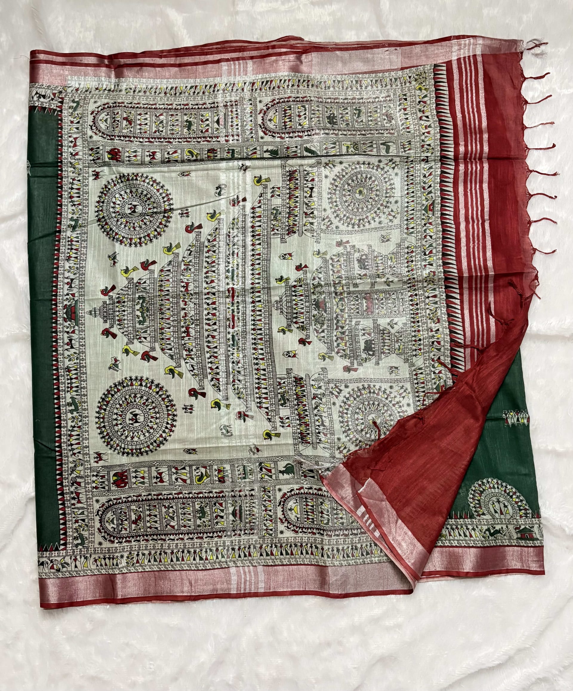 Linen Cotton Sarees with Madhubani prints - Green and maroon — Green Chanderi Linen saree