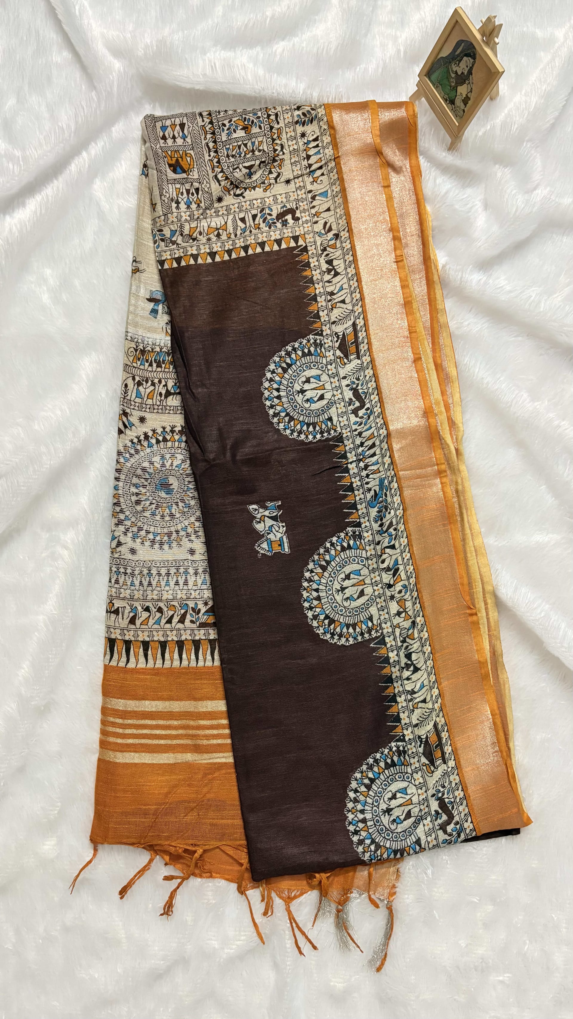 Linen Cotton Sarees with Madhubani prints - Brown and yellow — Brown Chanderi Linen saree