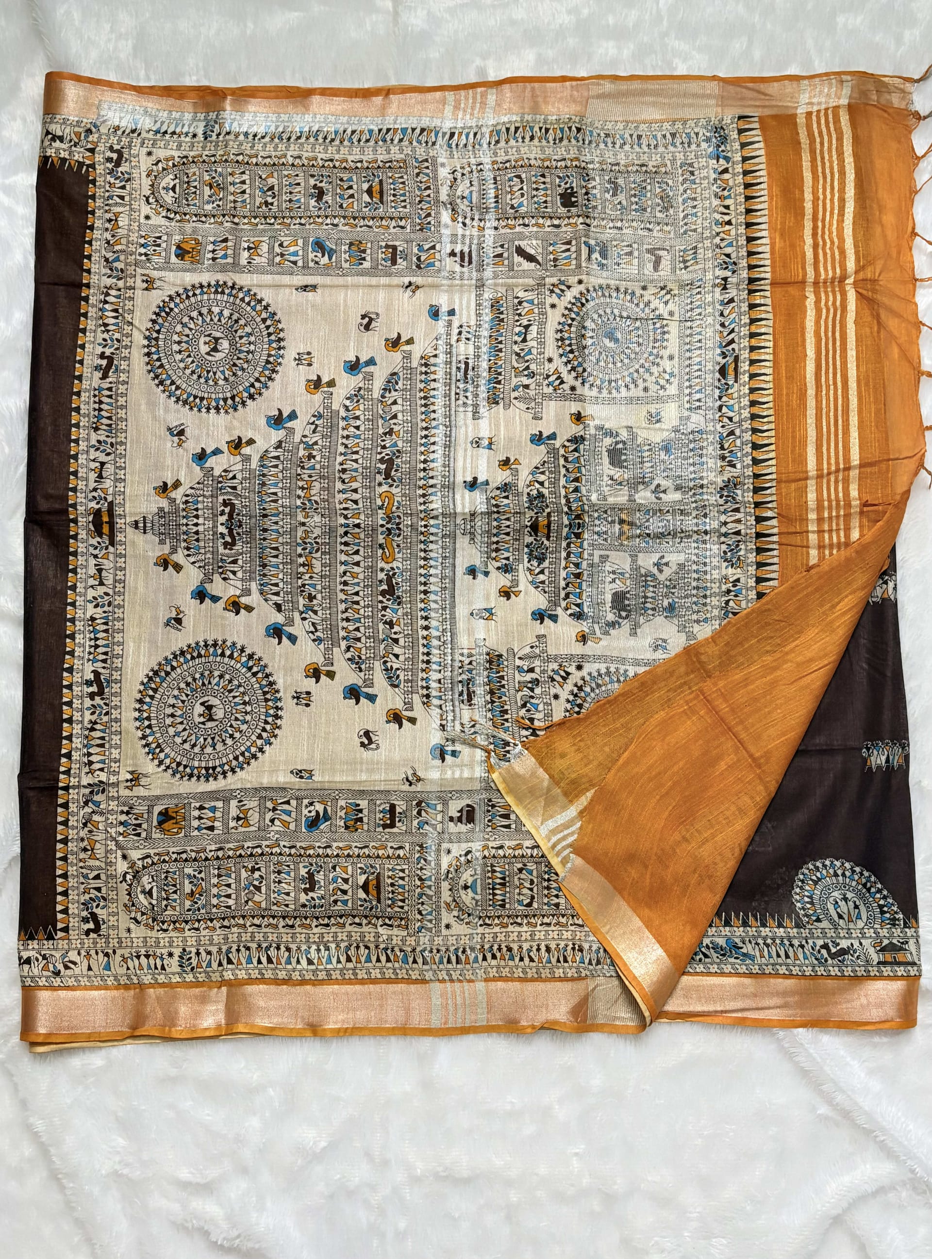 Linen Cotton Sarees with Madhubani prints - Brown and yellow — Brown Chanderi Linen saree