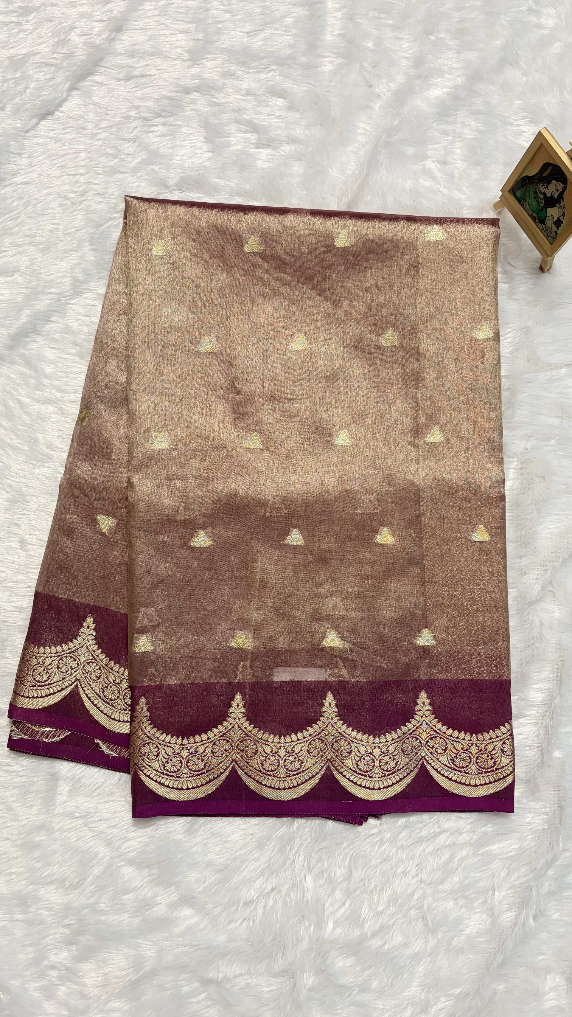 Tissue silk saree with Scallop border - Pink — Pink/Peach Banarasi Tissue saree
