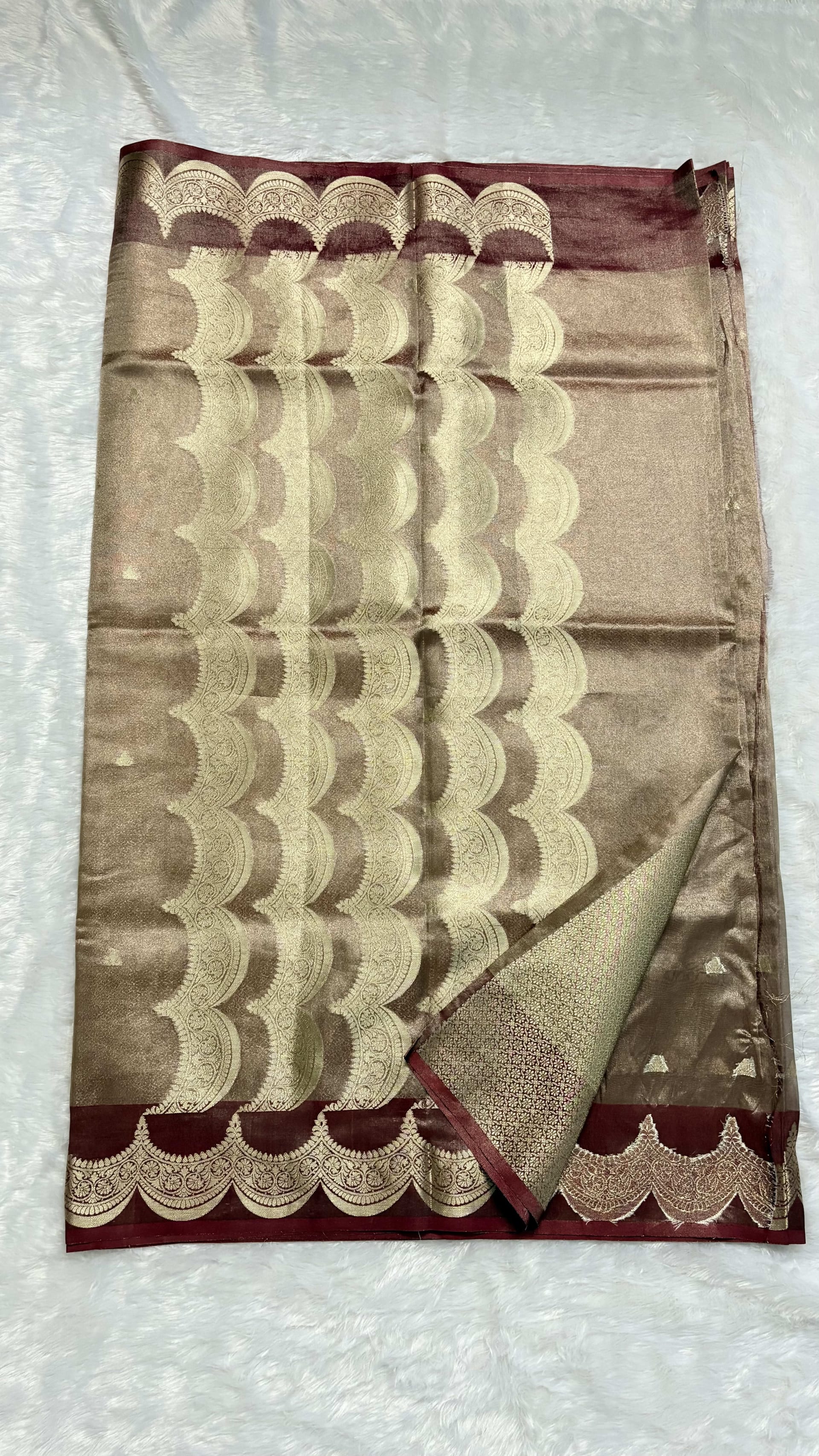 Tissue silk saree with Scallop border - Maroon — Red/Maroon Banarasi Tissue saree