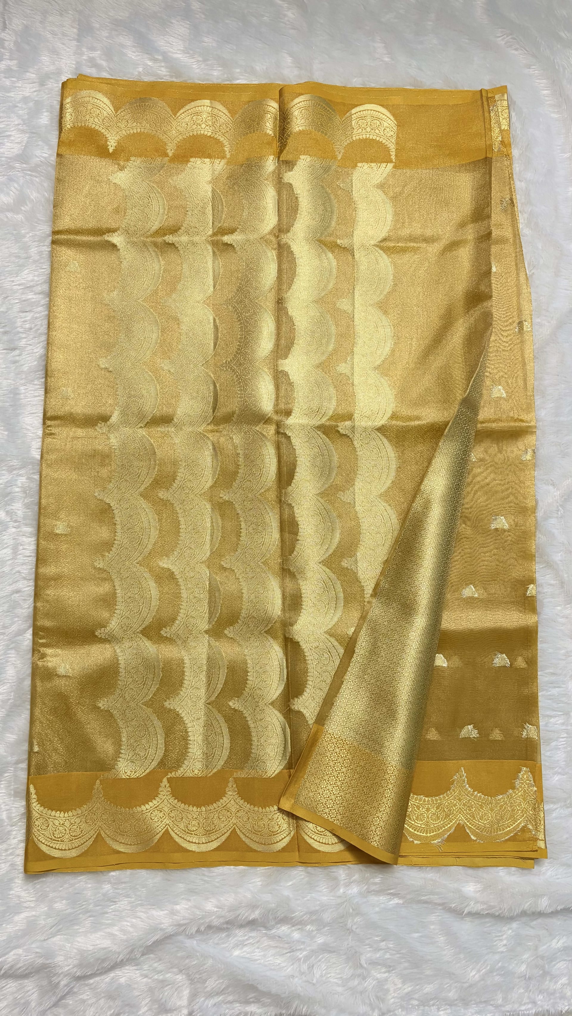 Tissue silk saree with Scallop Border - Yellow — Yellow Banarasi Tissue saree