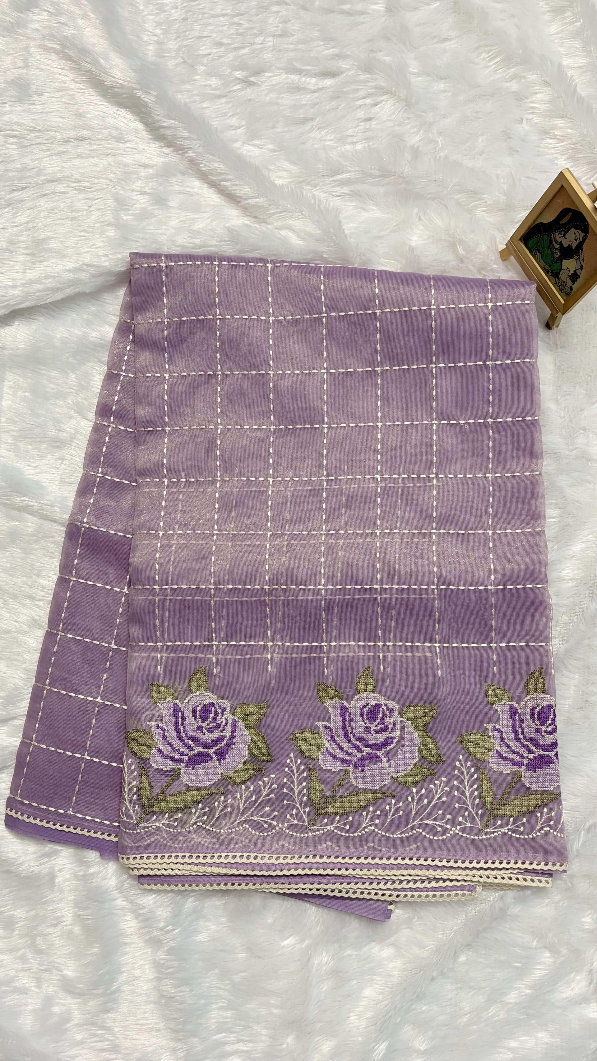 Tissue organza saree with Cross stitch - Lavender — Purple/Lavender Chanderi Organza saree