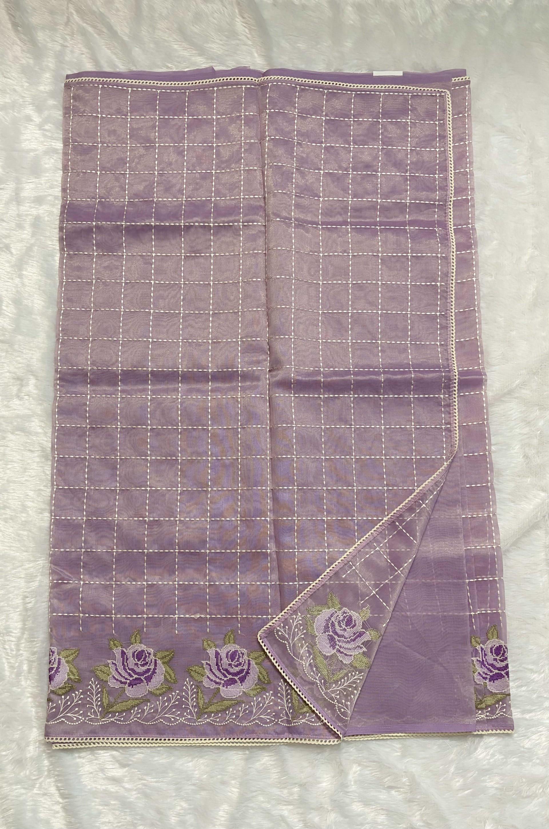 Tissue organza saree with Cross stitch - Lavender — Purple/Lavender Chanderi Organza saree