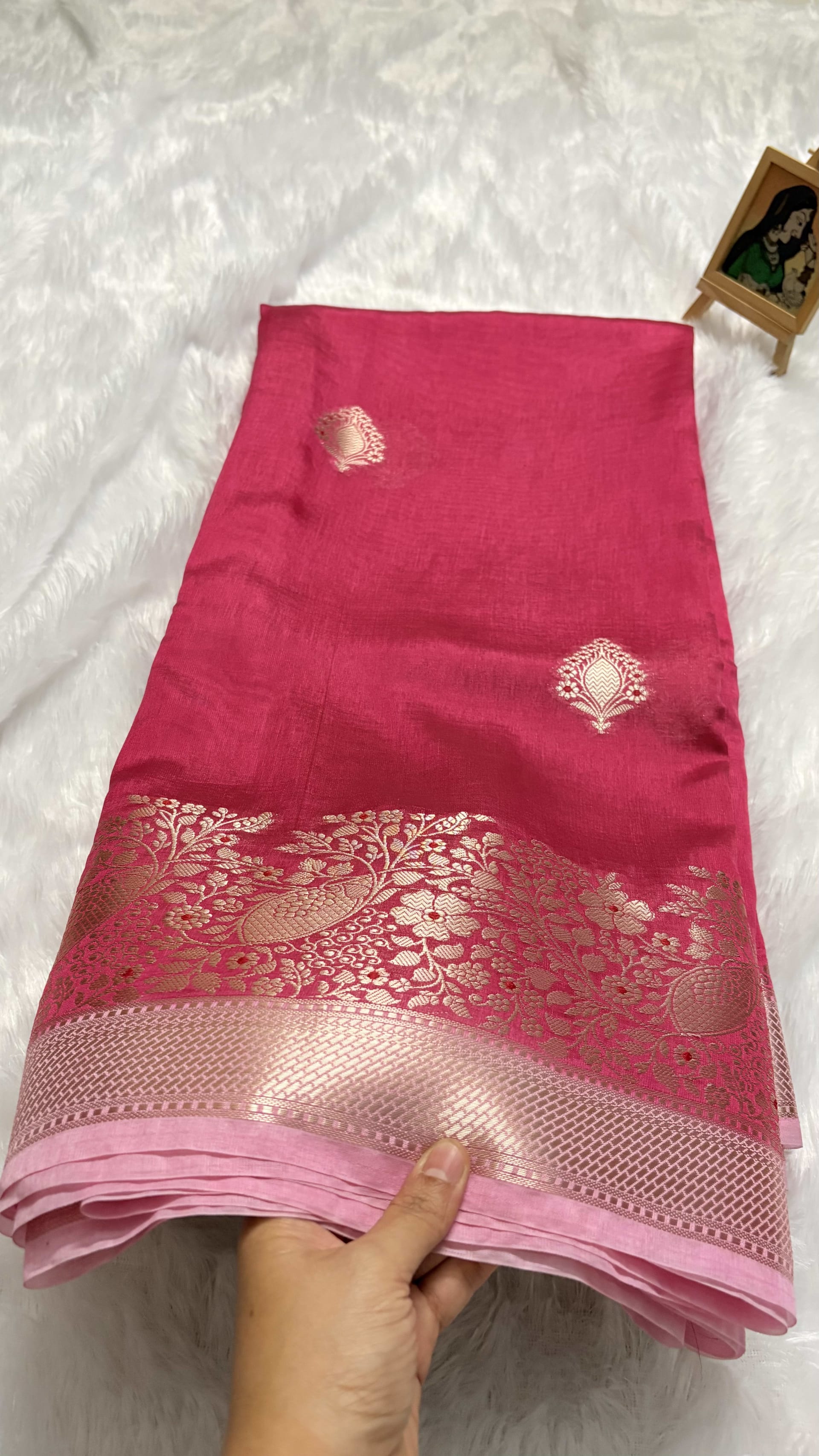 Pure Chiniya Silk Saree with Meenakari Weaving - Pink — Pink/Peach Banarasi Silk saree