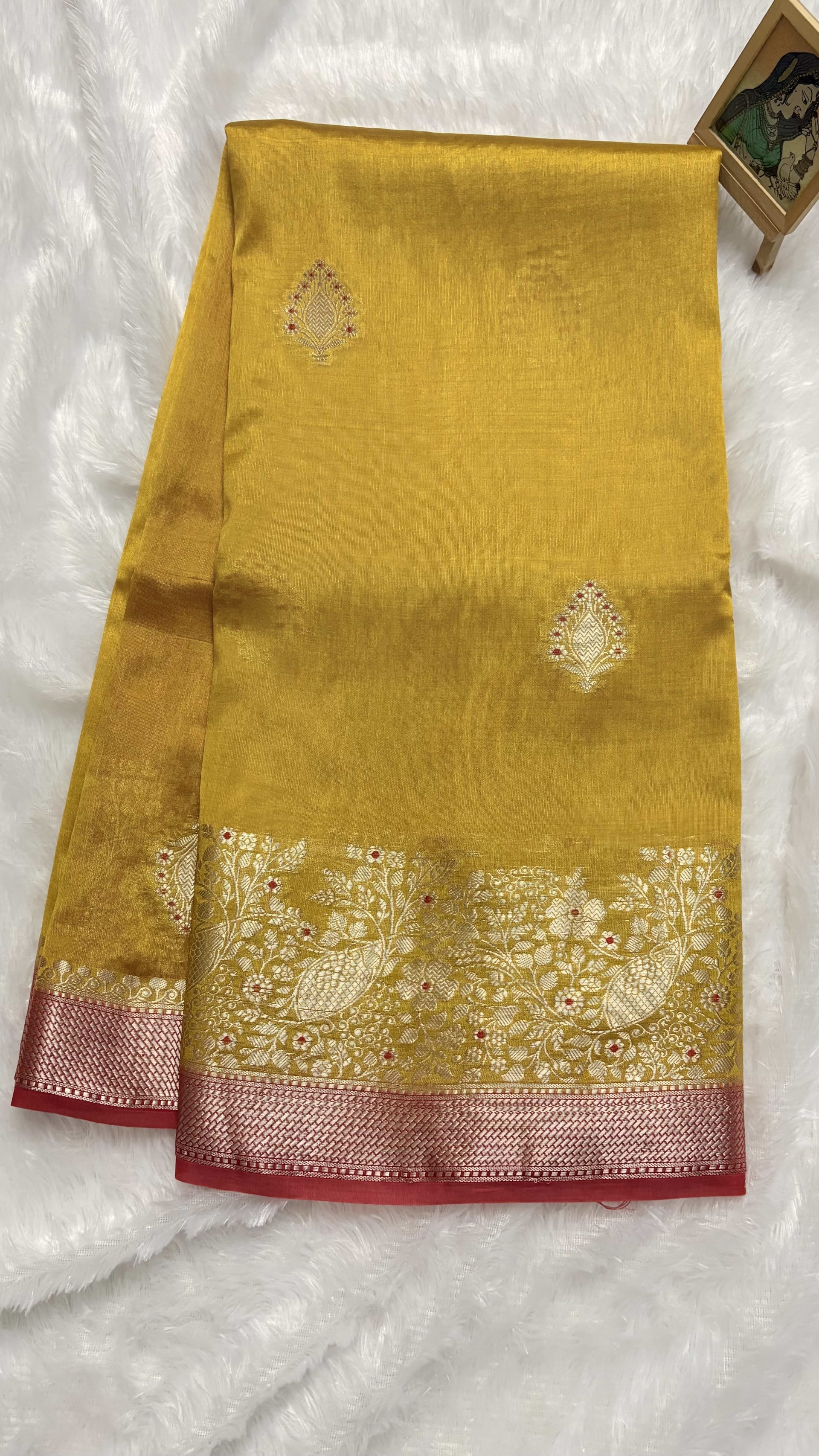 Pure Chiniya Silk Saree with Meenakari Weaving - Mustard Yellow — Yellow Banarasi Silk saree