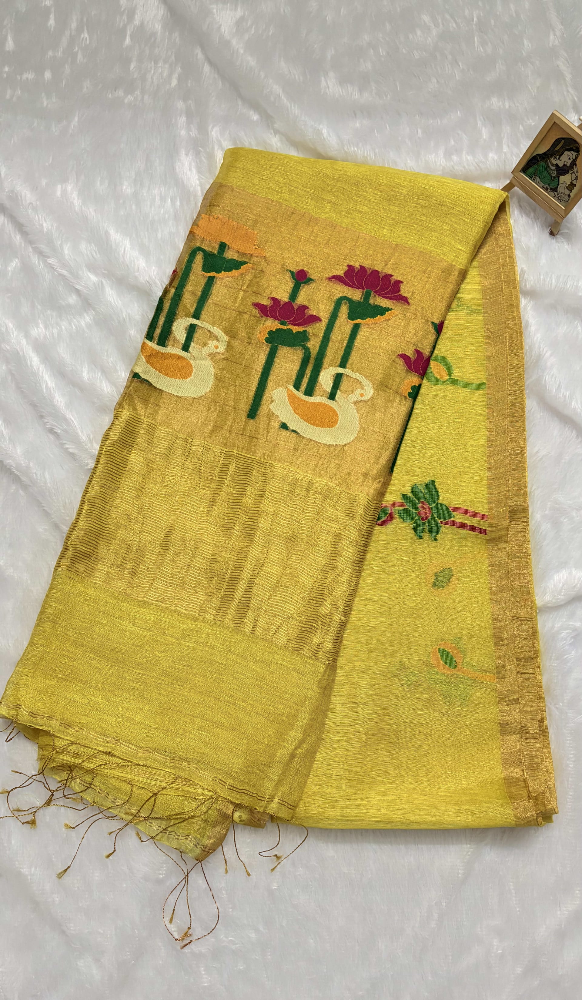Pure Silk Linen saree with Jamdani Pallu - Yellow — Yellow Chanderi Linen saree