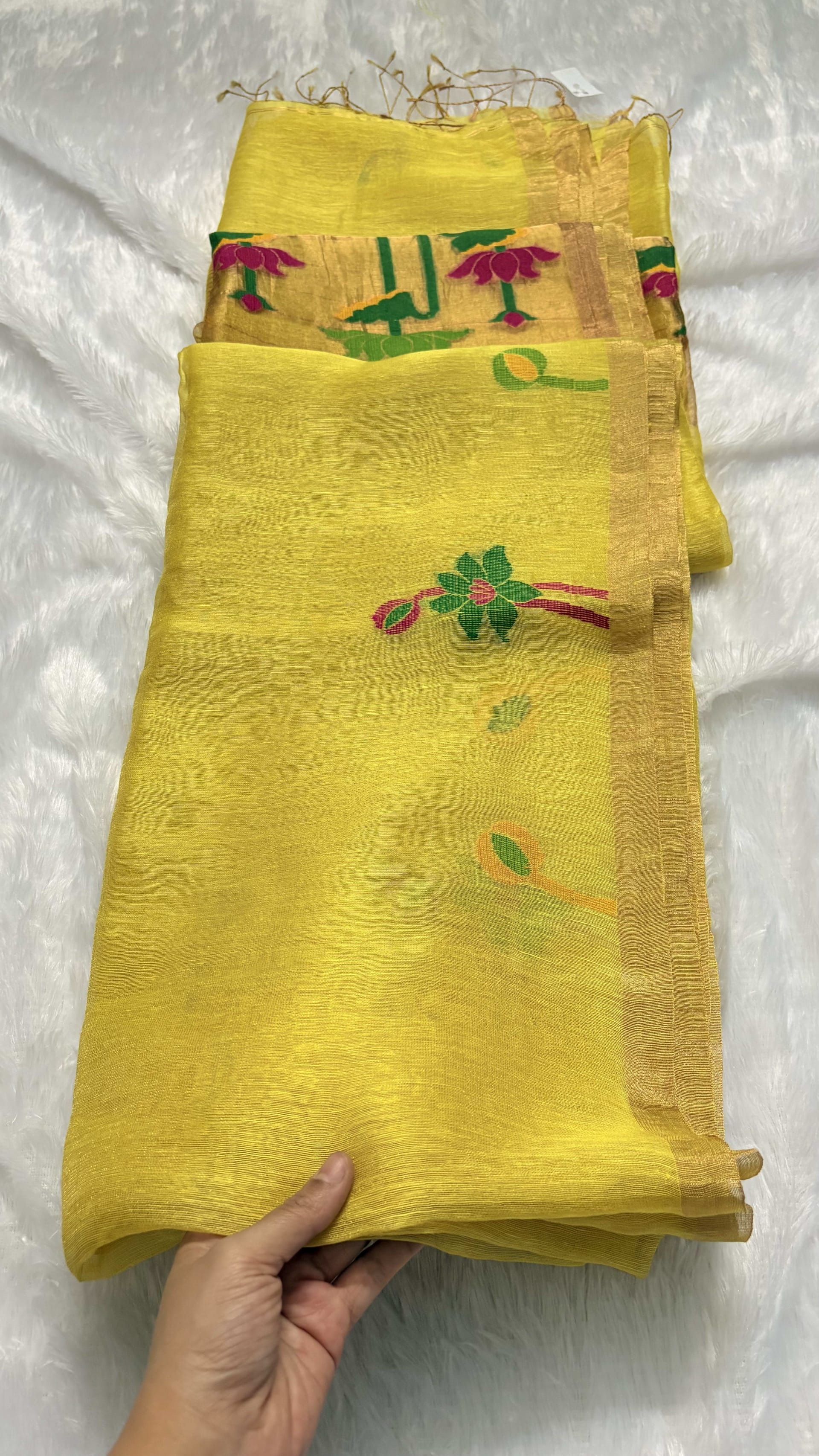 Pure Silk Linen saree with Jamdani Pallu - Yellow — Yellow Chanderi Linen saree