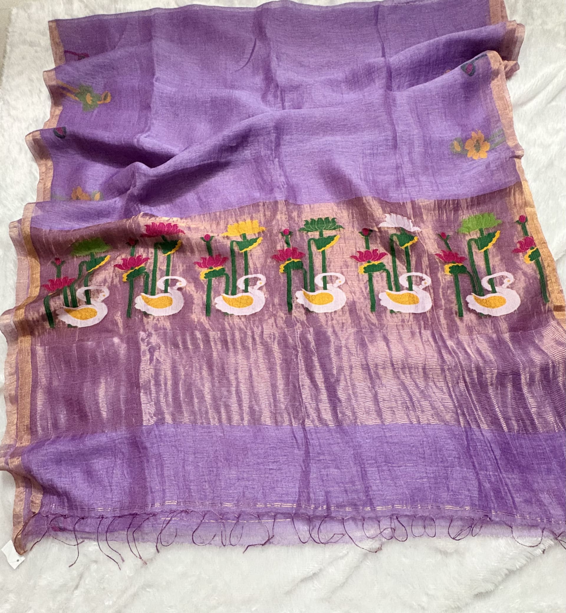 Pure Silk Linen saree with Jamdani Pallu - Lavender — Purple/Lavender Chanderi Linen saree