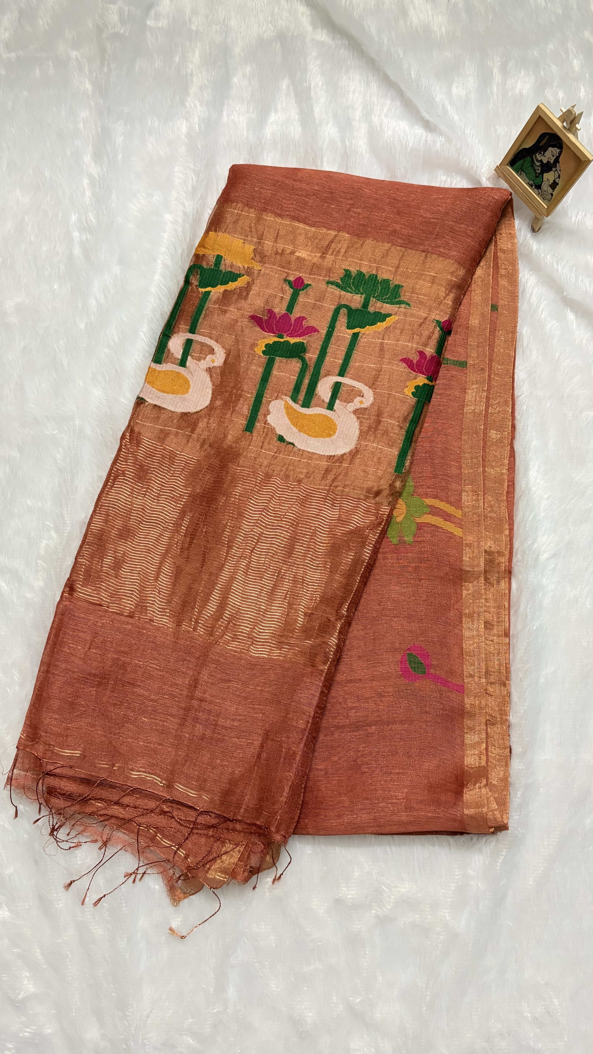 Pure Silk Linen saree with Jamdani Pallu - Copper Brown — Brown Chanderi Linen saree