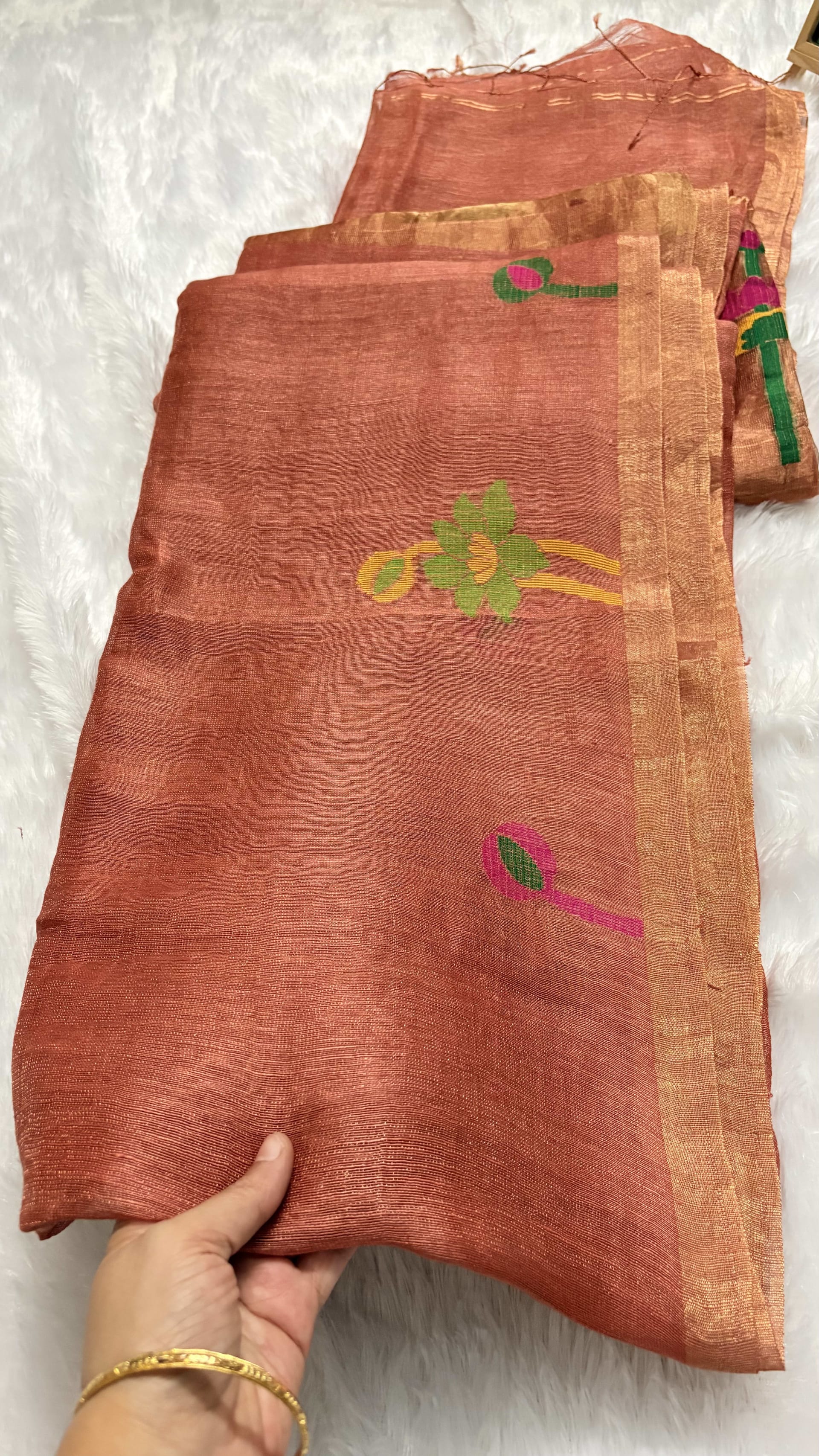 Pure Silk Linen saree with Jamdani Pallu - Copper Brown — Brown Chanderi Linen saree
