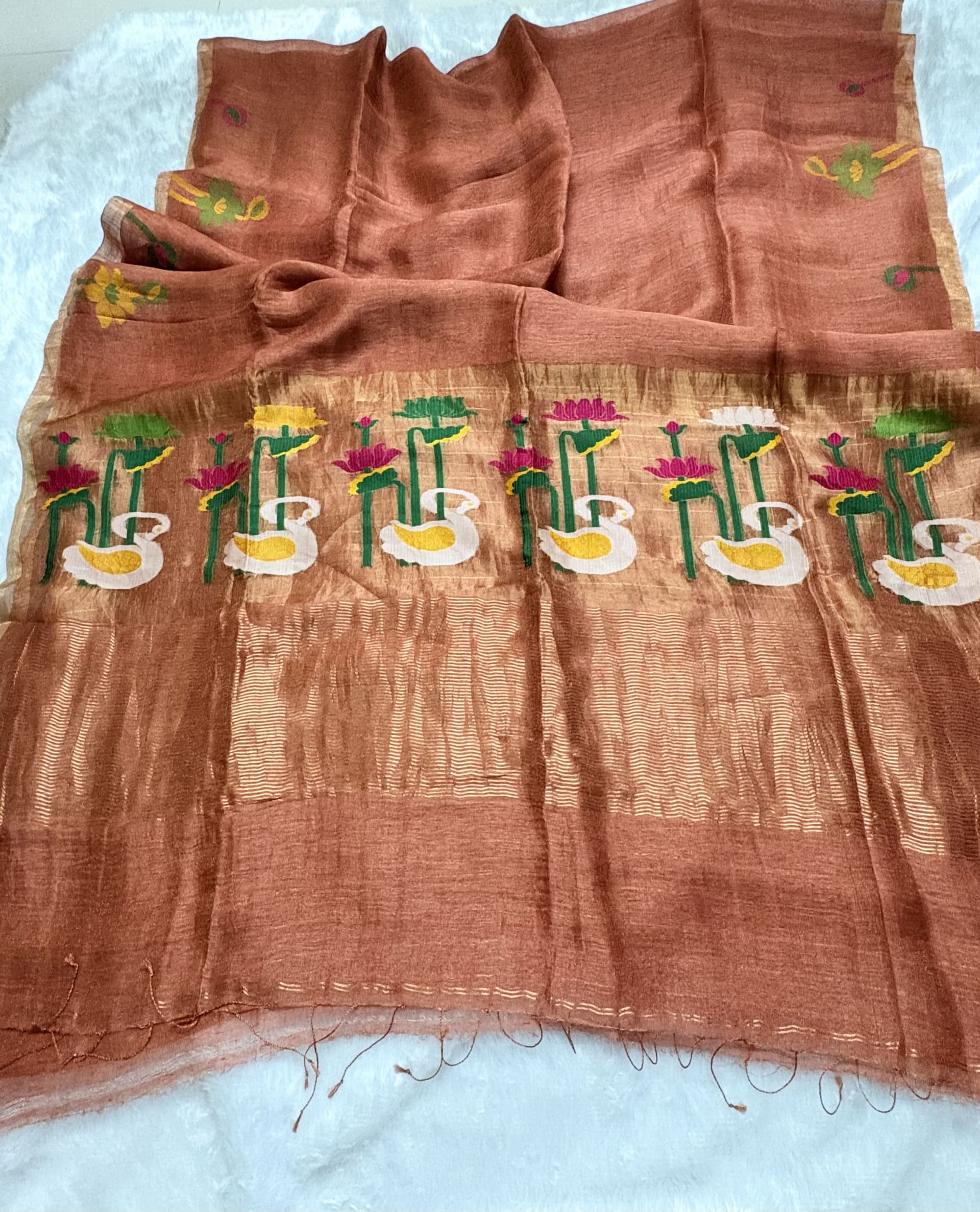 Pure Silk Linen saree with Jamdani Pallu - Copper Brown — Brown Chanderi Linen saree